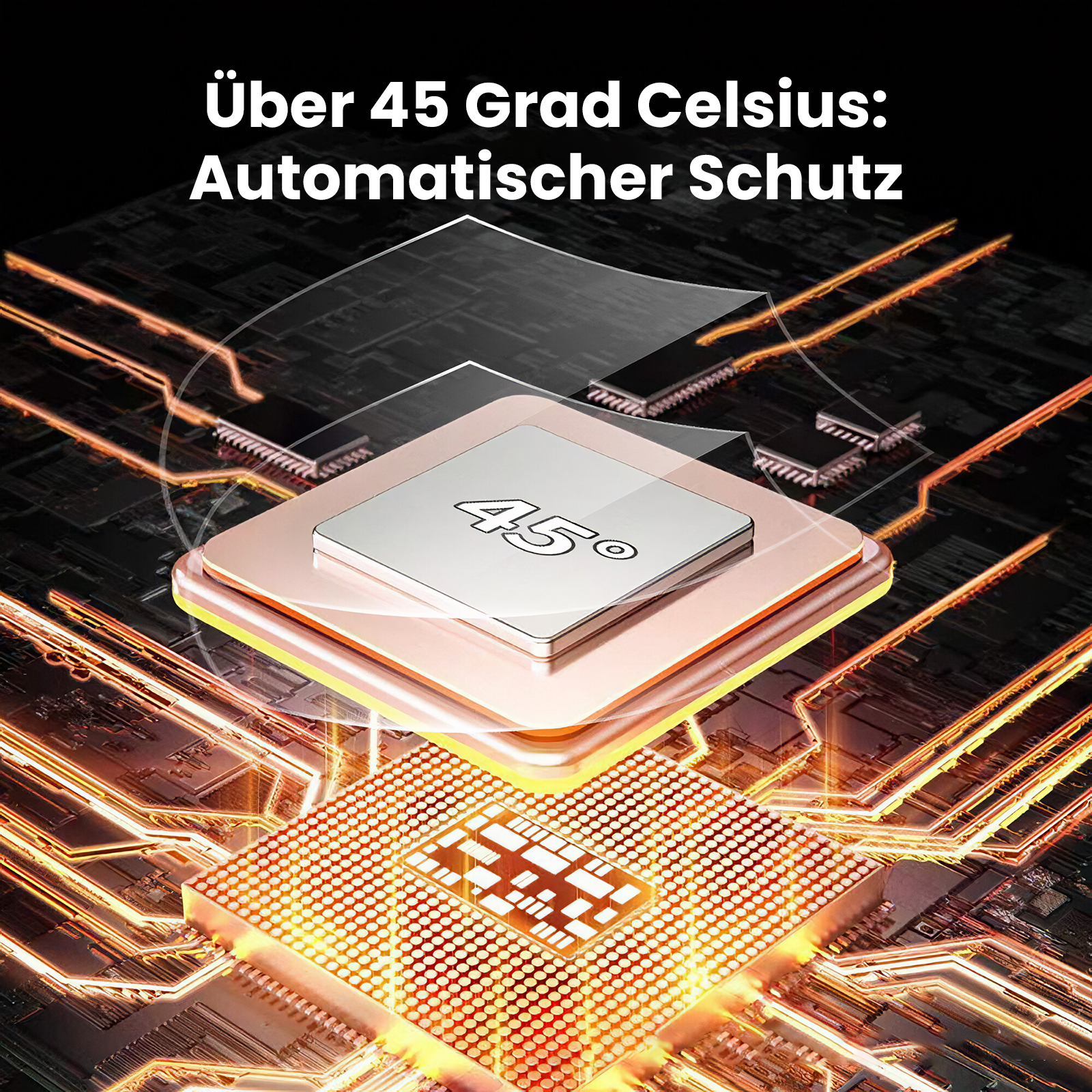 Das Bild zeigt eine CPU mit dem Text: Über 45 Grad Celsius: Automatischer Schutz.