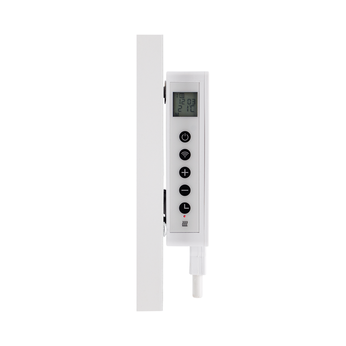 Een wit digitaal radiatorbedieningspaneel, met weergave van tijd en temperatuur. Knoppen voor aan/uit, wifi, plus, min en instellingen zijn zichtbaar.