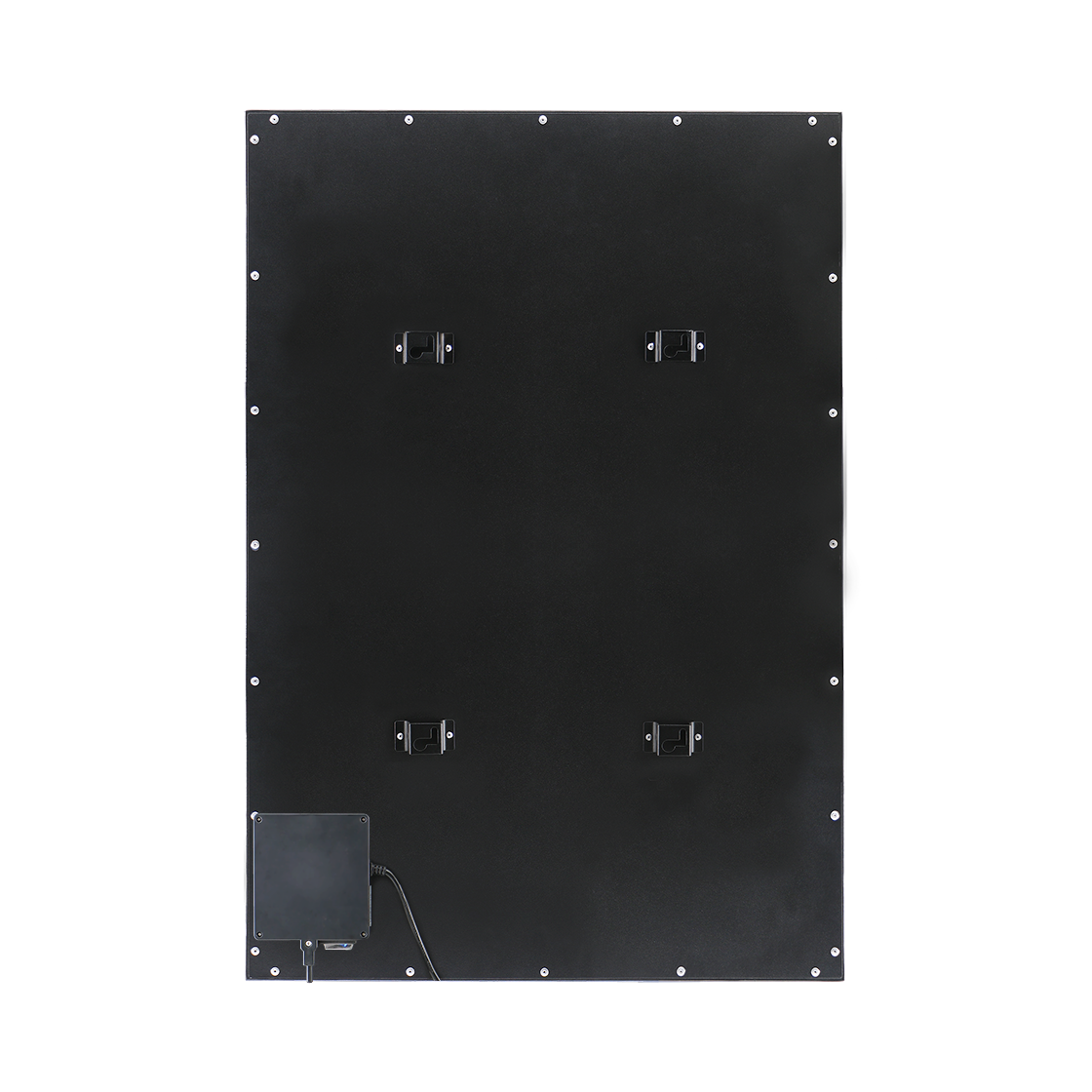 A large, black rectangular panel with four mounting brackets. It has a power box attached with a cable and several screws around the edges.