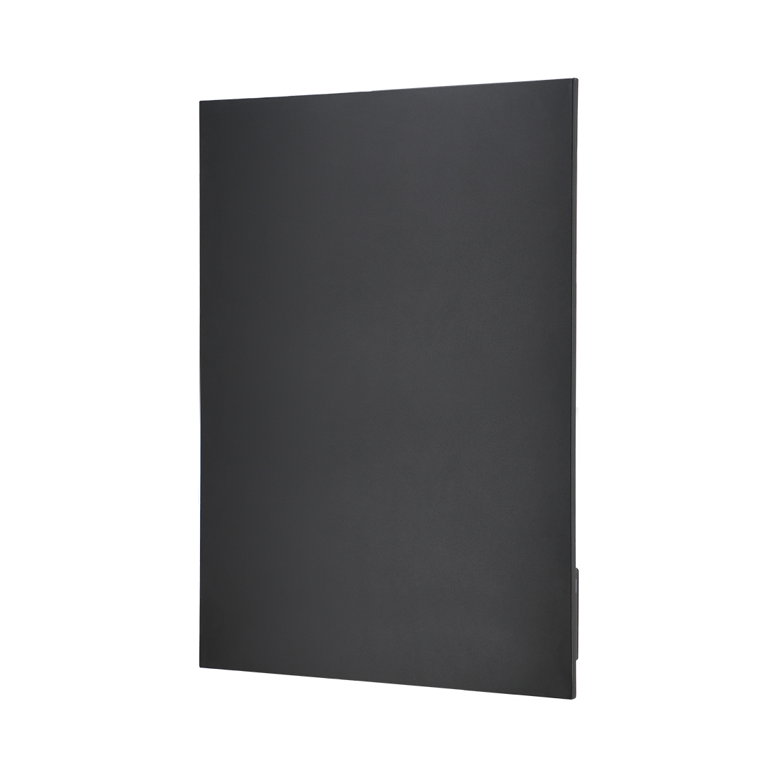 A rectangular, dark gray panel, slightly tilted, against a white background. Edges show hints of blue and patterned material.