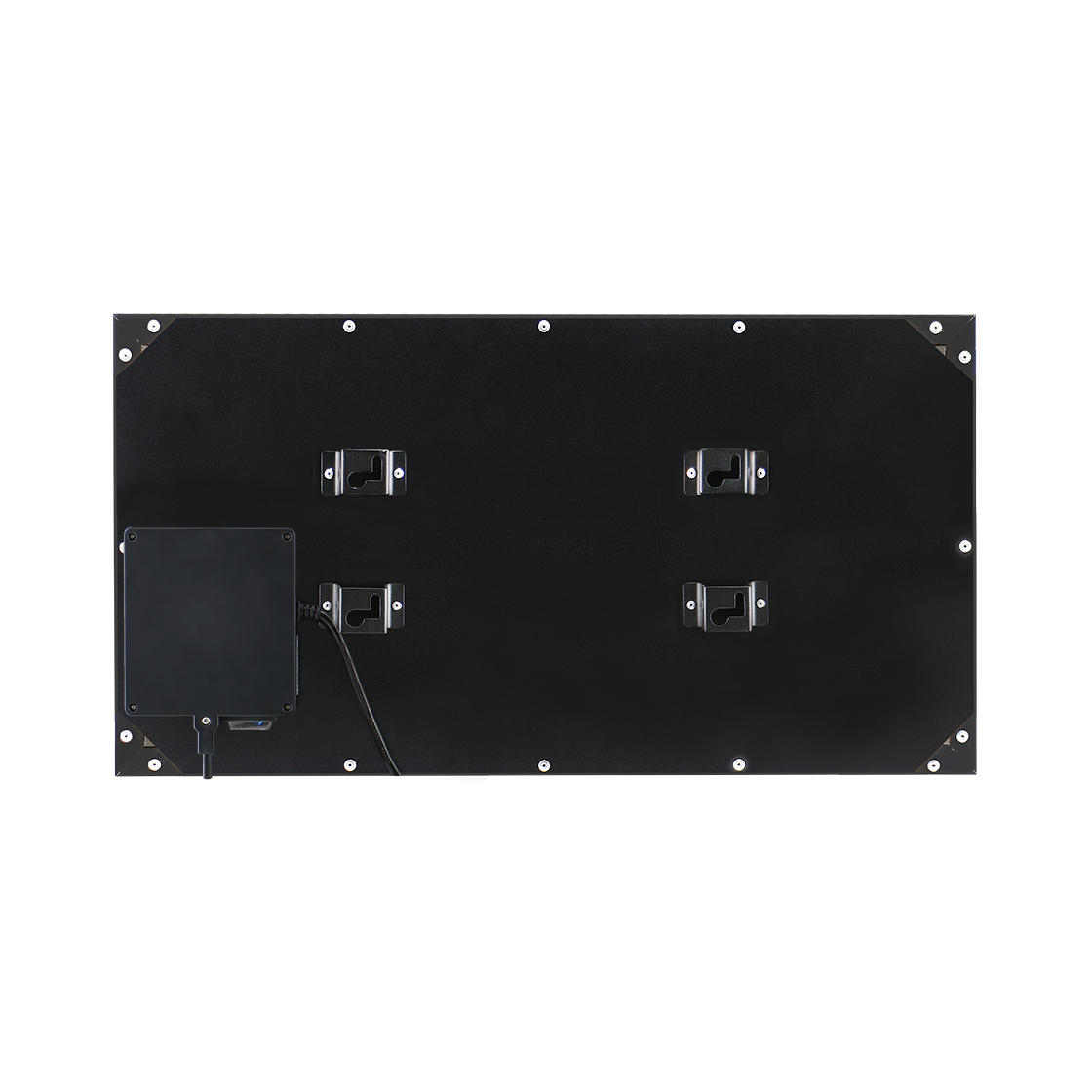 A rectangular black panel. It has mounting brackets and a power supply box with a cable. Screws are visible around the edges.