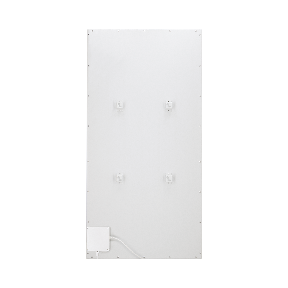 Een wit paneel met vier montagebeugels, schroeven en een voedingskast. Het paneel is rechthoekig, met een kabel die uit de kast komt.