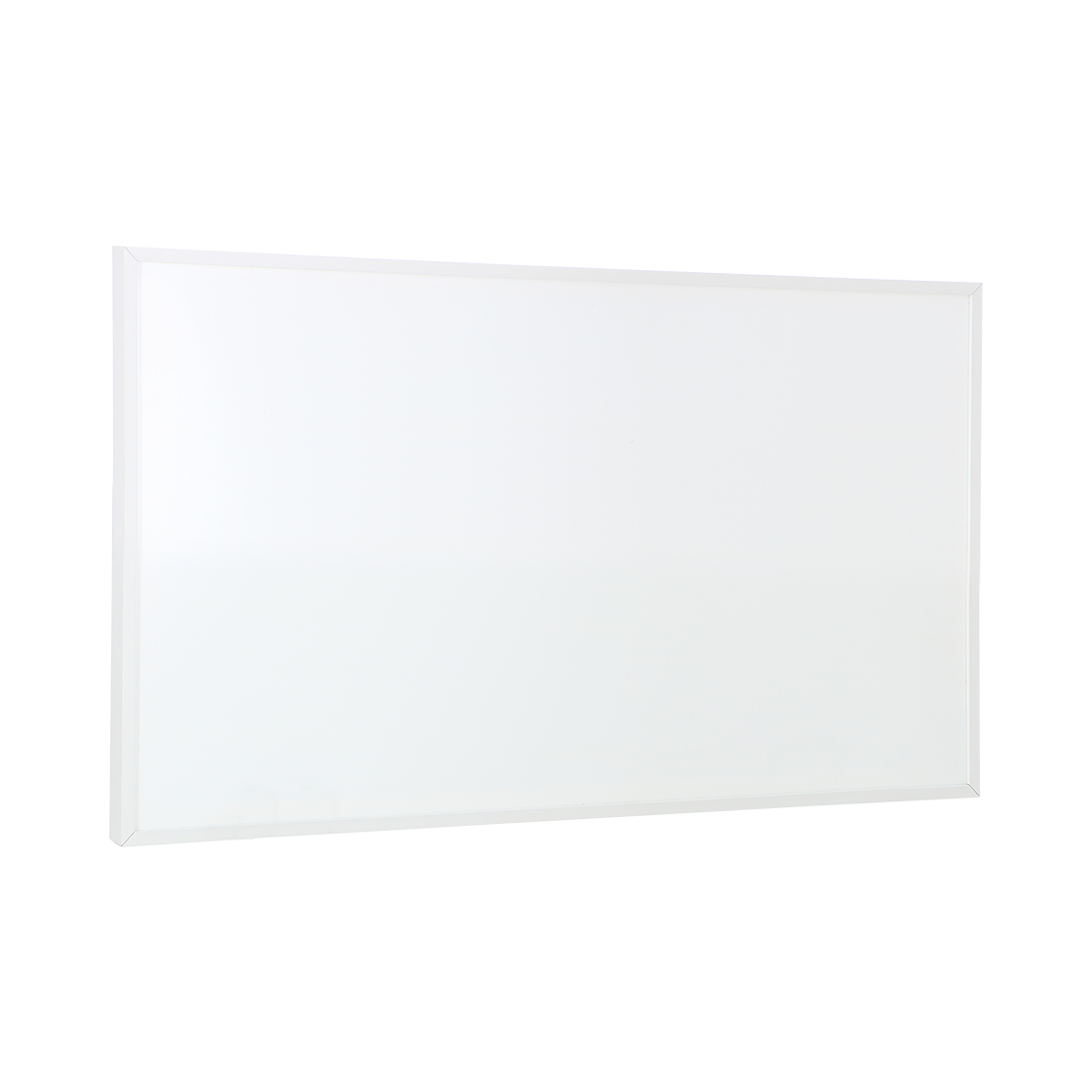 Een rechthoekig, wit, omlijst object, waarschijnlijk een spiegel of whiteboard, tegen een witte achtergrond.