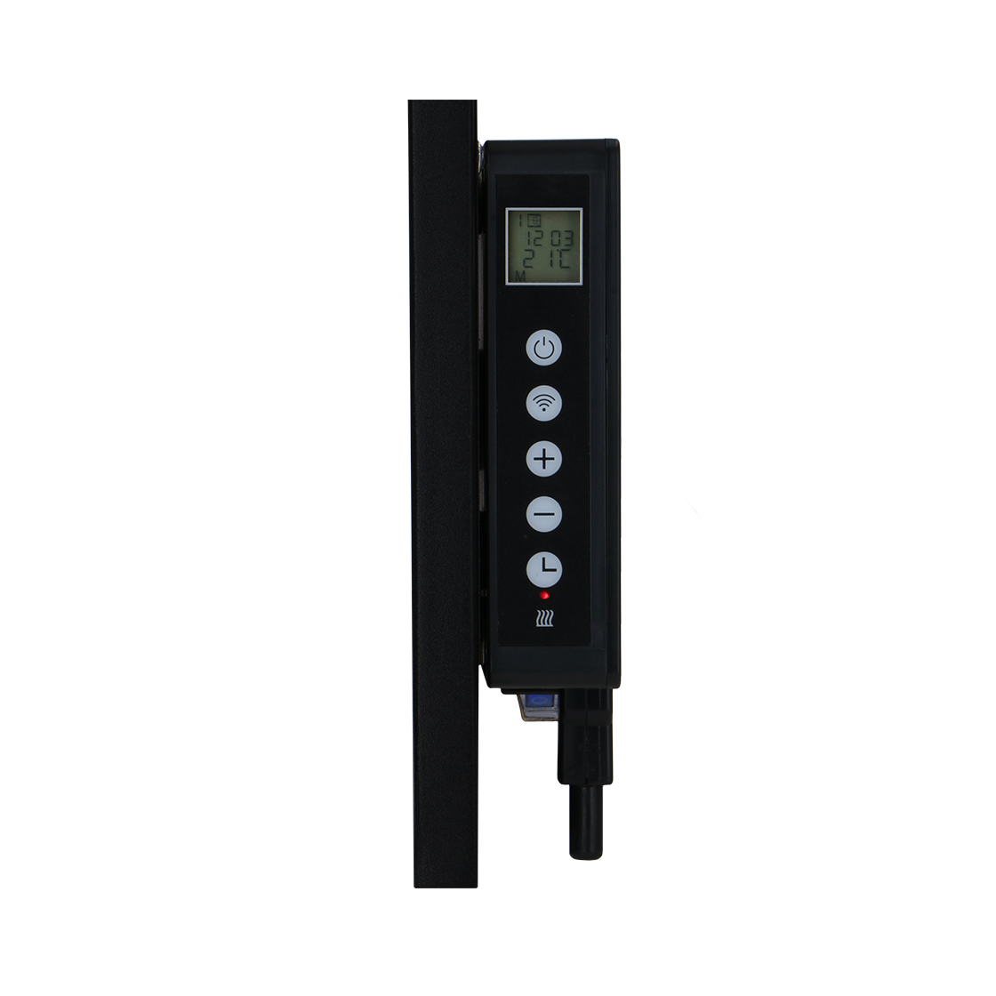 A black heater control panel with a digital display showing time and temperature. Buttons include power, wifi, plus, minus, and a flame icon.