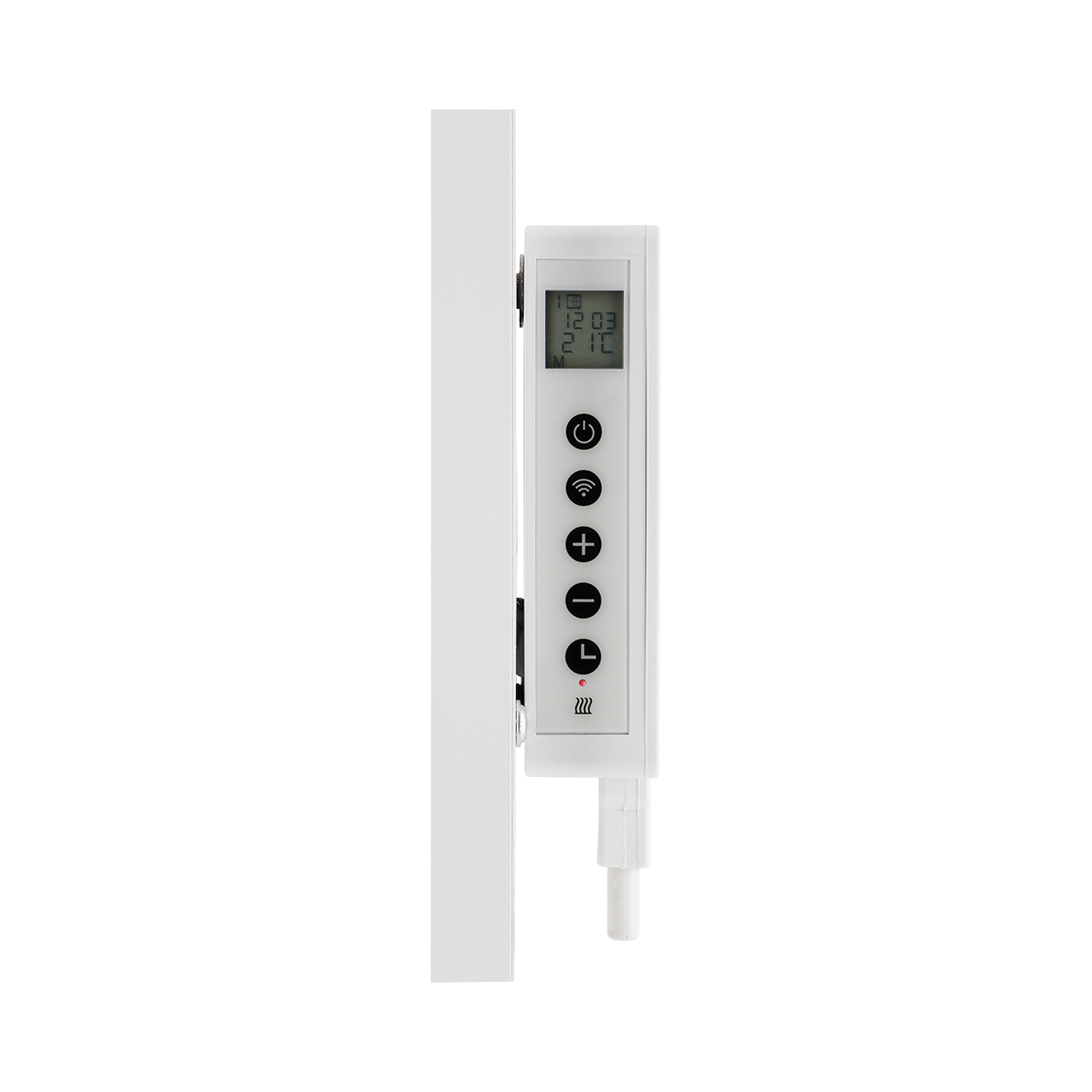 Wit paneel met digitale weergave van tijd en temperatuur. Knoppen: aan/uit, wifi, plus, min en een verwarmingssymbool.