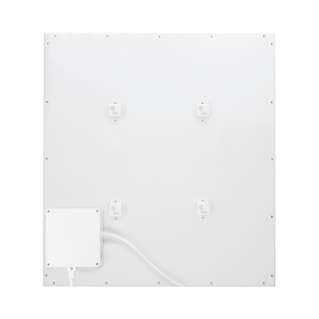 Een wit vierkant paneel met montagebeugels en een voedingskast. Schroeven bevestigen het paneel. Een witte kabel verbindt met de kast.