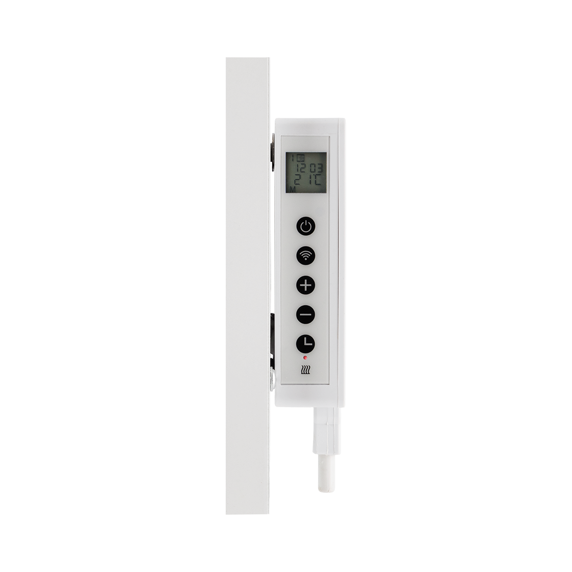 Een witte digitale thermostaat toont tijd, temperatuur en bedieningselementen. Knoppen zijn aan/uit, wifi, plus, min en L. Een witte buis strekt zich naar beneden uit.