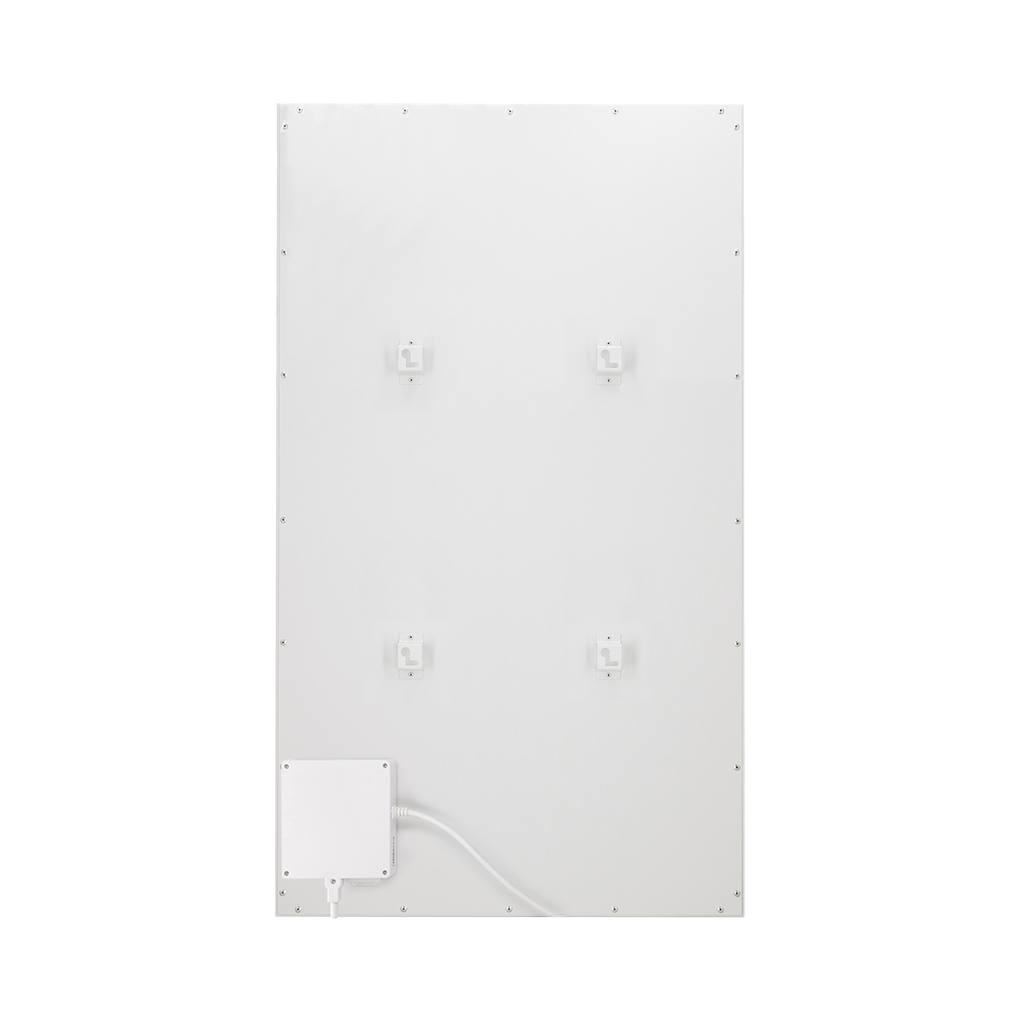 Een wit paneel met vier montagebeugels. Een witte doos en kabel onderaan. Schroeven zijn zichtbaar langs de randen.