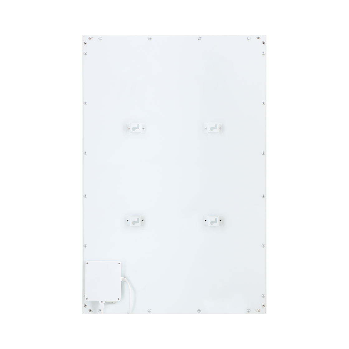 A white rectangular panel with mounting brackets and a power supply box. Screws are visible around the edges.