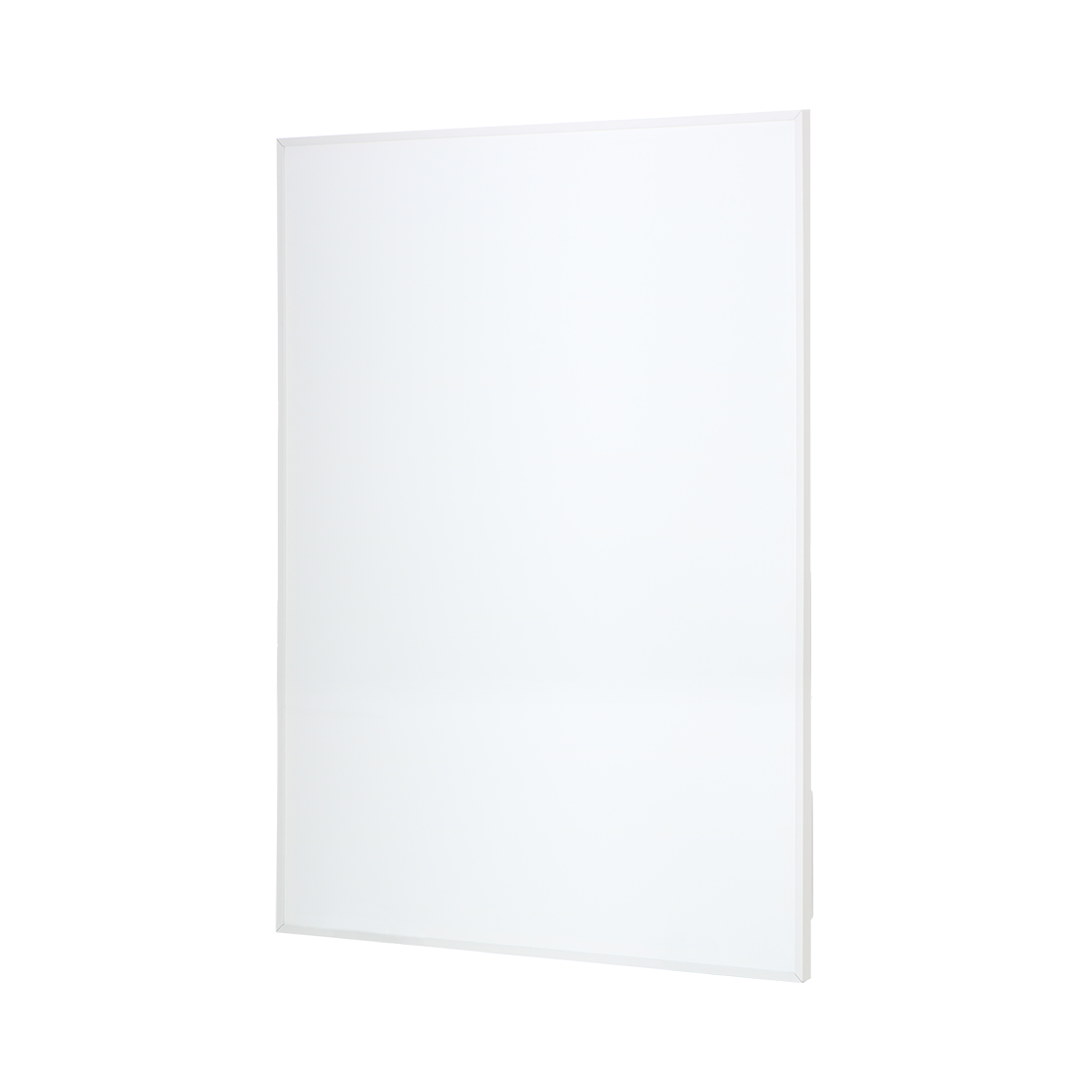 A rectangular, white object, possibly a board or panel, with thin, light-colored borders, is angled against a white background.