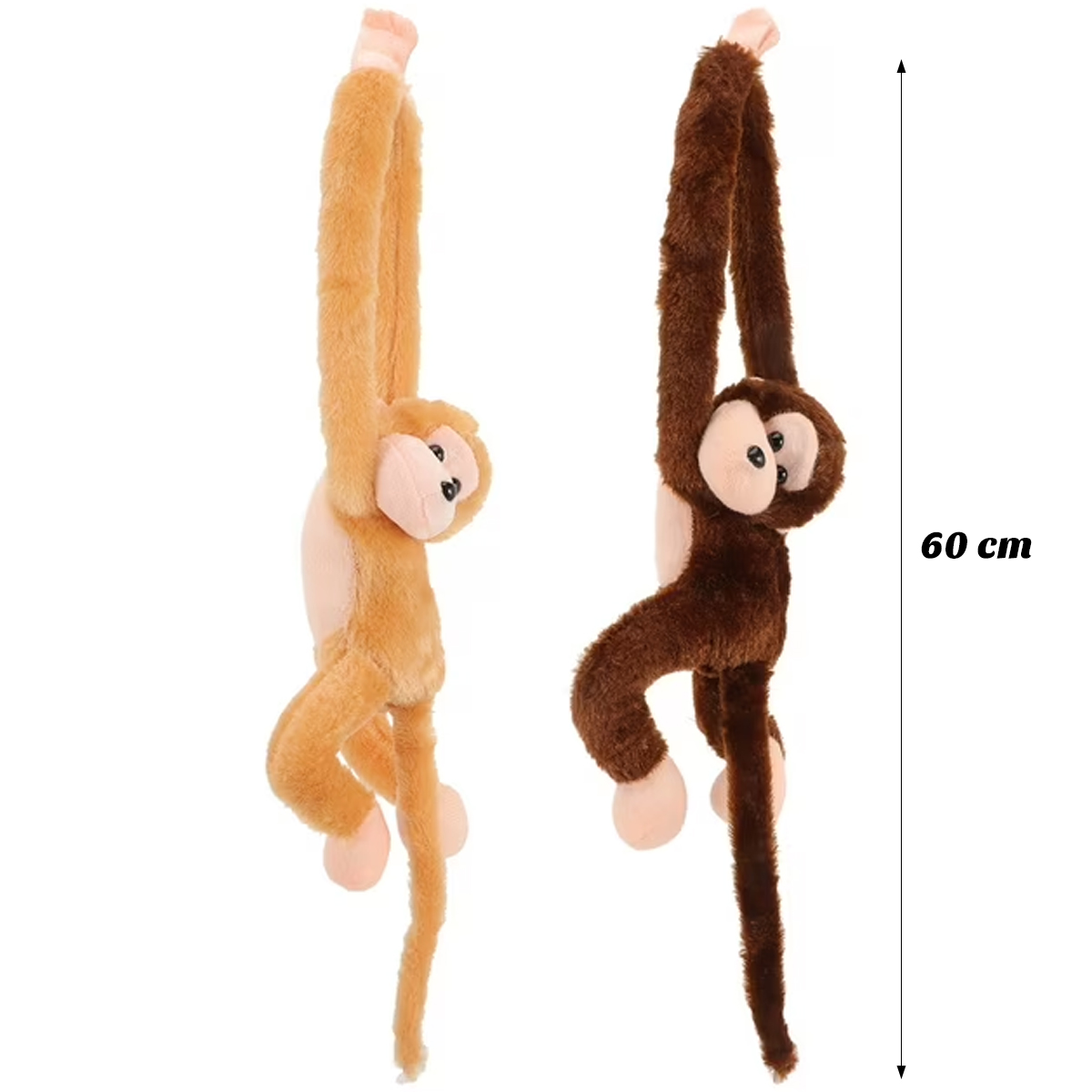 Zwei Plüsch-Affen-Spielzeuge hängen. Einer ist hellbraun, der andere dunkelbraun. Beide haben rosa Gesichter und Füße. Eine 60cm Messung wird angezeigt.