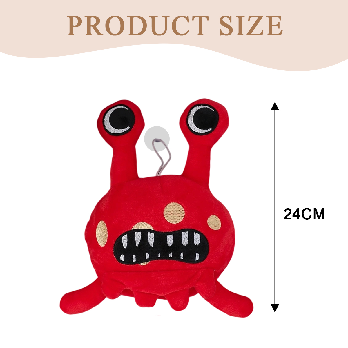 Ein rotes Plüschtier mit zwei Augen, weißen Zähnen und beigefarbenen Punkten. Es hat einen Saugnapf und eine Schnur. Der Text lautet 'PRODUCT SIZE' und '24CM'.