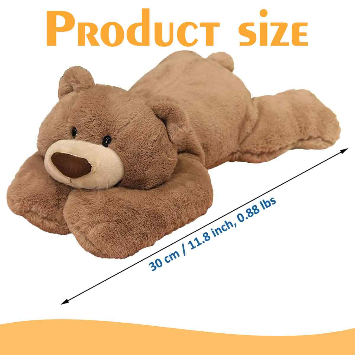 Ein braunes Teddybär-Kissen mit Produktdetails. Die Kissenlänge wird mit einem schwarzen Pfeil angezeigt.