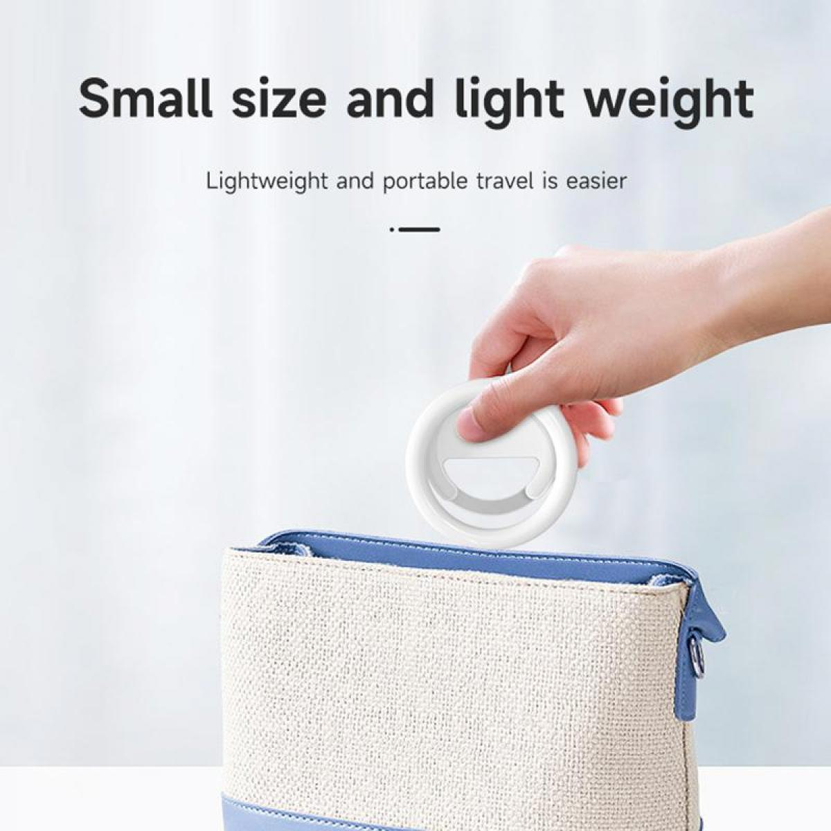 Eine Hand hält ein weißes, kreisförmiges Gerät über einer beige-blauen Tasche. Text: 'Kleine Größe und geringes Gewicht'.