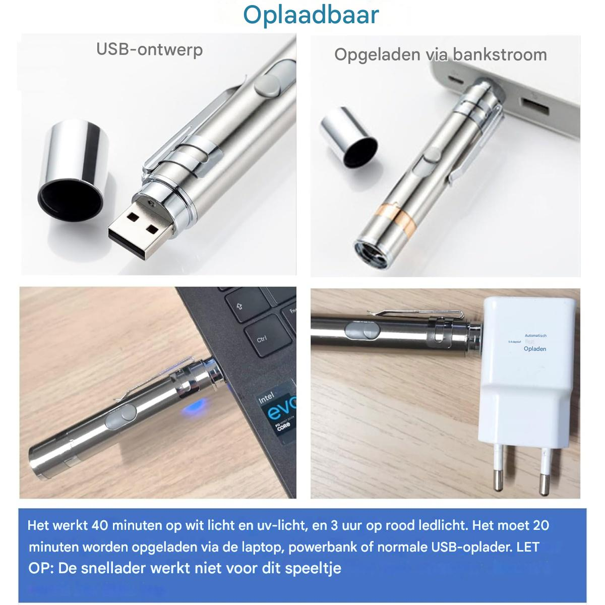 Gezeigt wird ein silberner Laserpointer mit USB-Design, der über Laptop, Powerbank und Ladegerät aufgeladen wird. Anweisungen werden bereitgestellt.