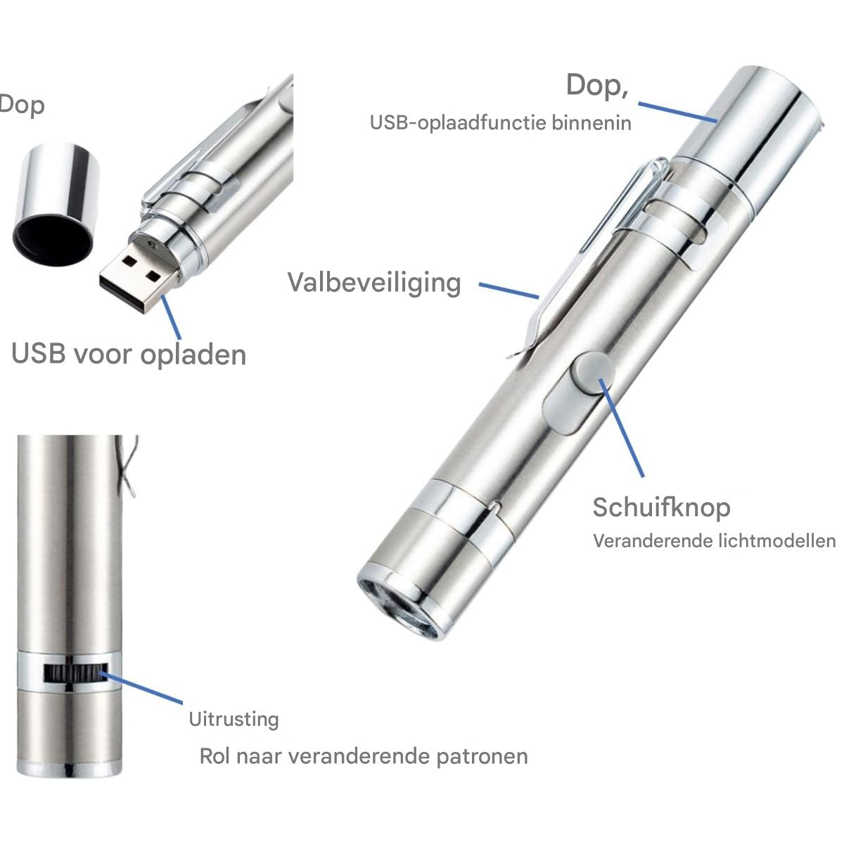 Gezeigter silberner Laserpointer mit Etiketten. Enthält USB zum Aufladen, Sicherheitsmerkmale und einen Schiebeschalter.
