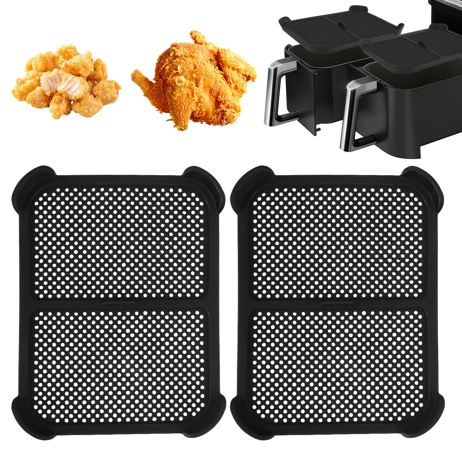 Das Bild zeigt gebratenes Hähnchen und Teile einer Heißluftfritteuse. Zwei schwarze Tabletts und eine Fritteuse mit Griffen sind sichtbar.
