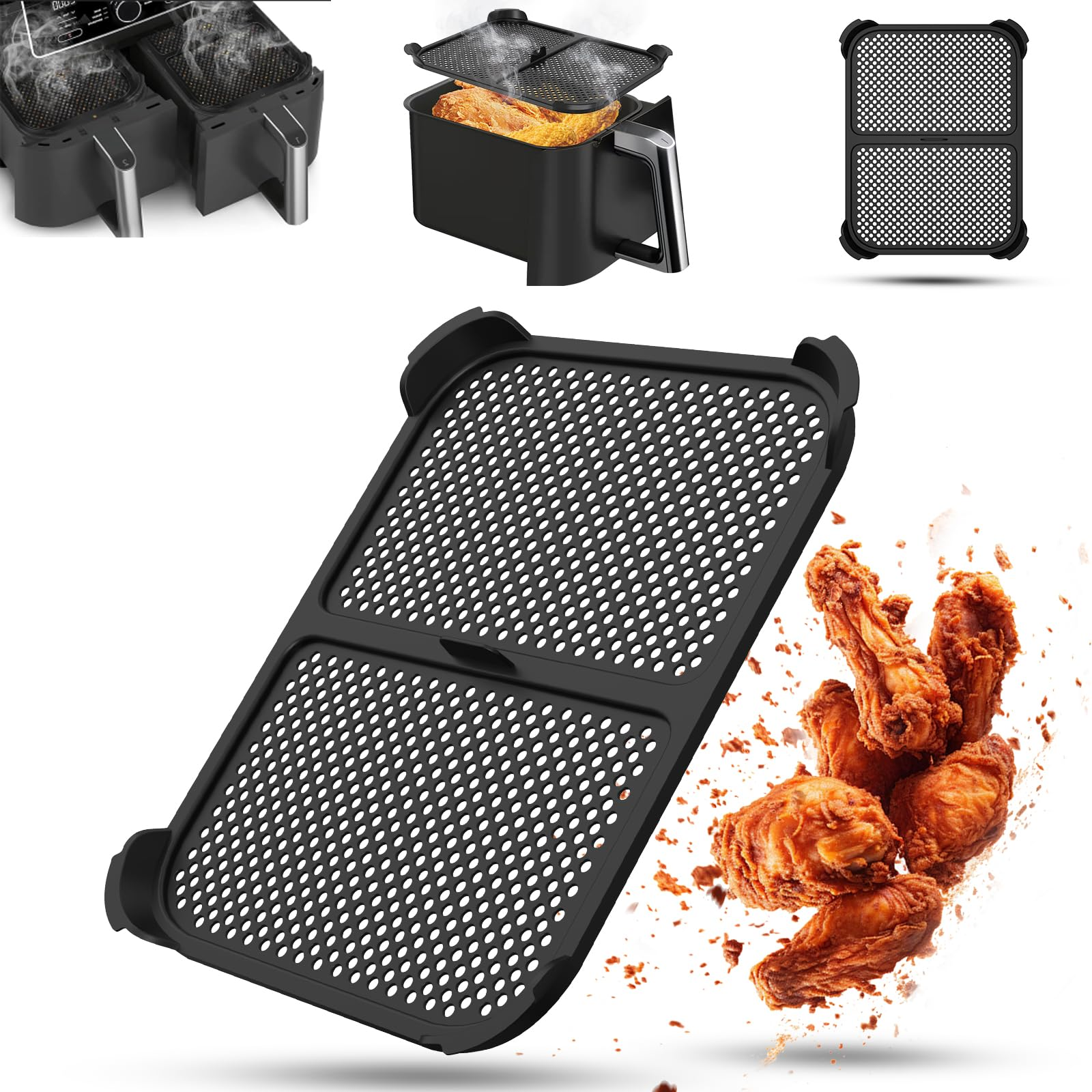 Eine Heißluftfritteuse mit Zubehör. Gebratenes Hähnchen im Vordergrund. Schwarze Tabletts und die Heißluftfritteuse sind sichtbar.