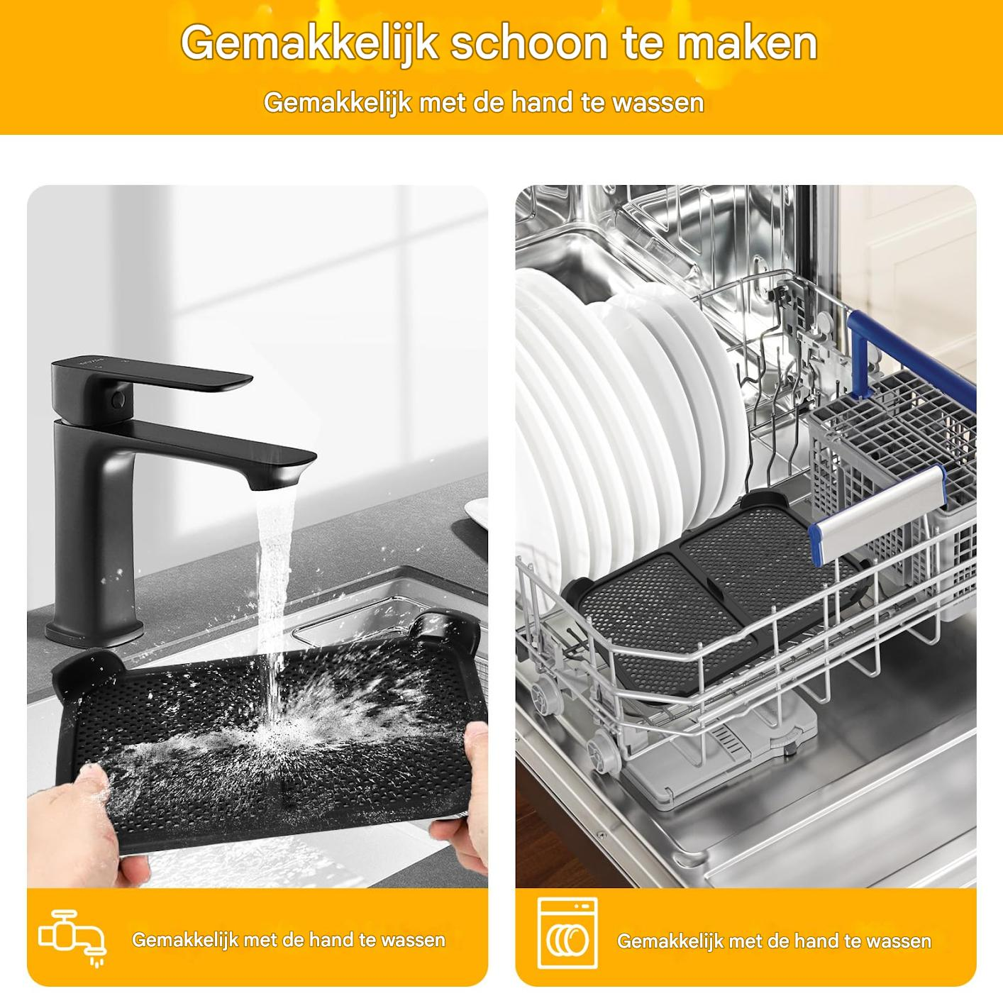 Das Bild zeigt ein Waschbecken mit Wasserhahn und einen Geschirrspüler. Eine Matte wird im Waschbecken gewaschen, während Geschirr im Geschirrspüler ist.