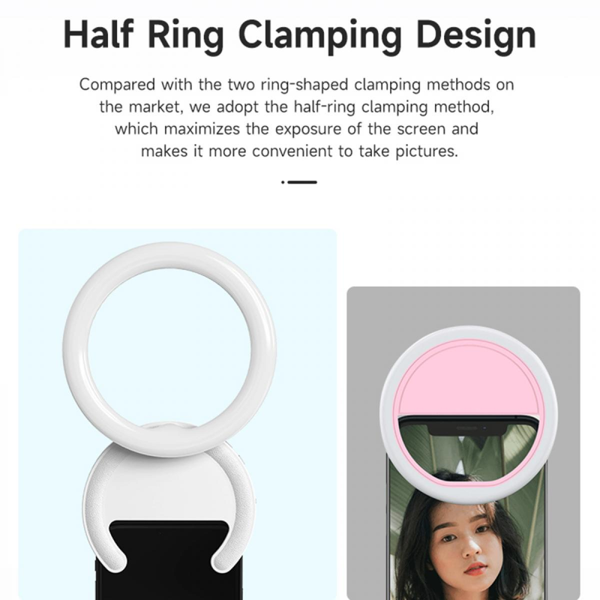 Ein weißes Halbring-Klemmdesign. Ein Telefon wird mit einem rosa Ringlicht auf einem Foto einer Frau befestigt.