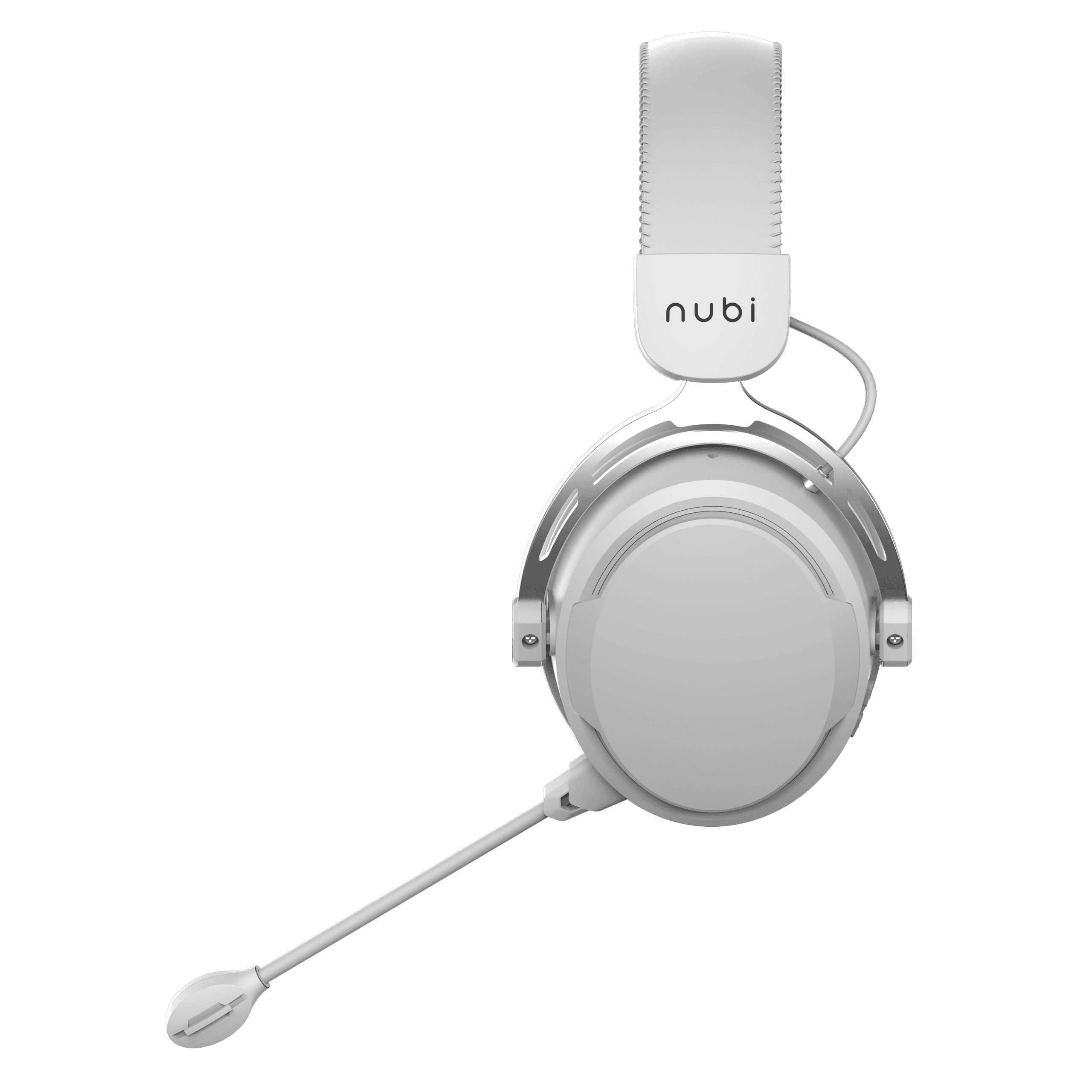 Ein weißes Headset mit Mikrofon auf schwarzem Hintergrund. Der Markenname 'nubi' ist sichtbar.