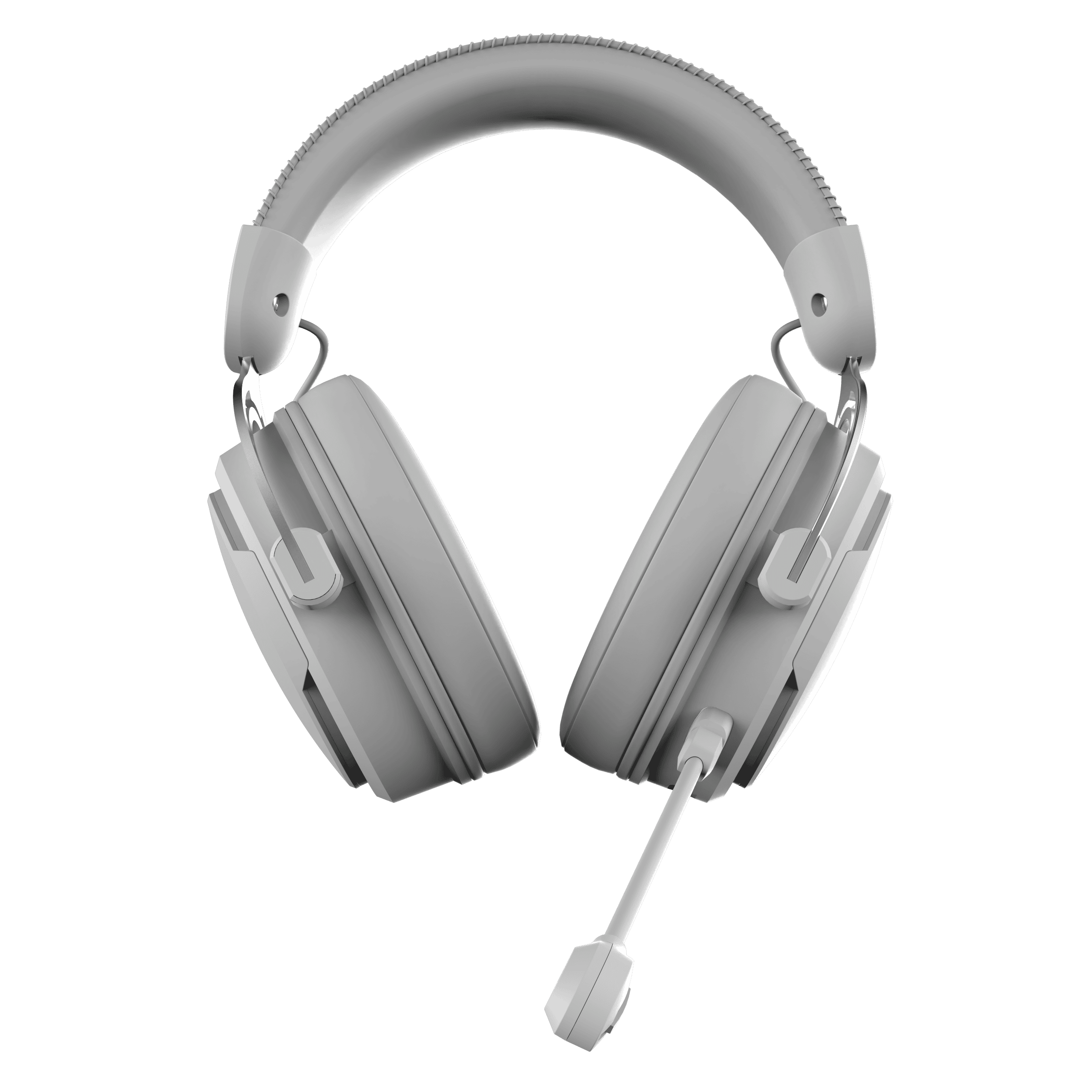 Ein weißes Headset mit Mikrofon vor schwarzem Hintergrund. Das Headset ist zentriert und leicht angewinkelt.
