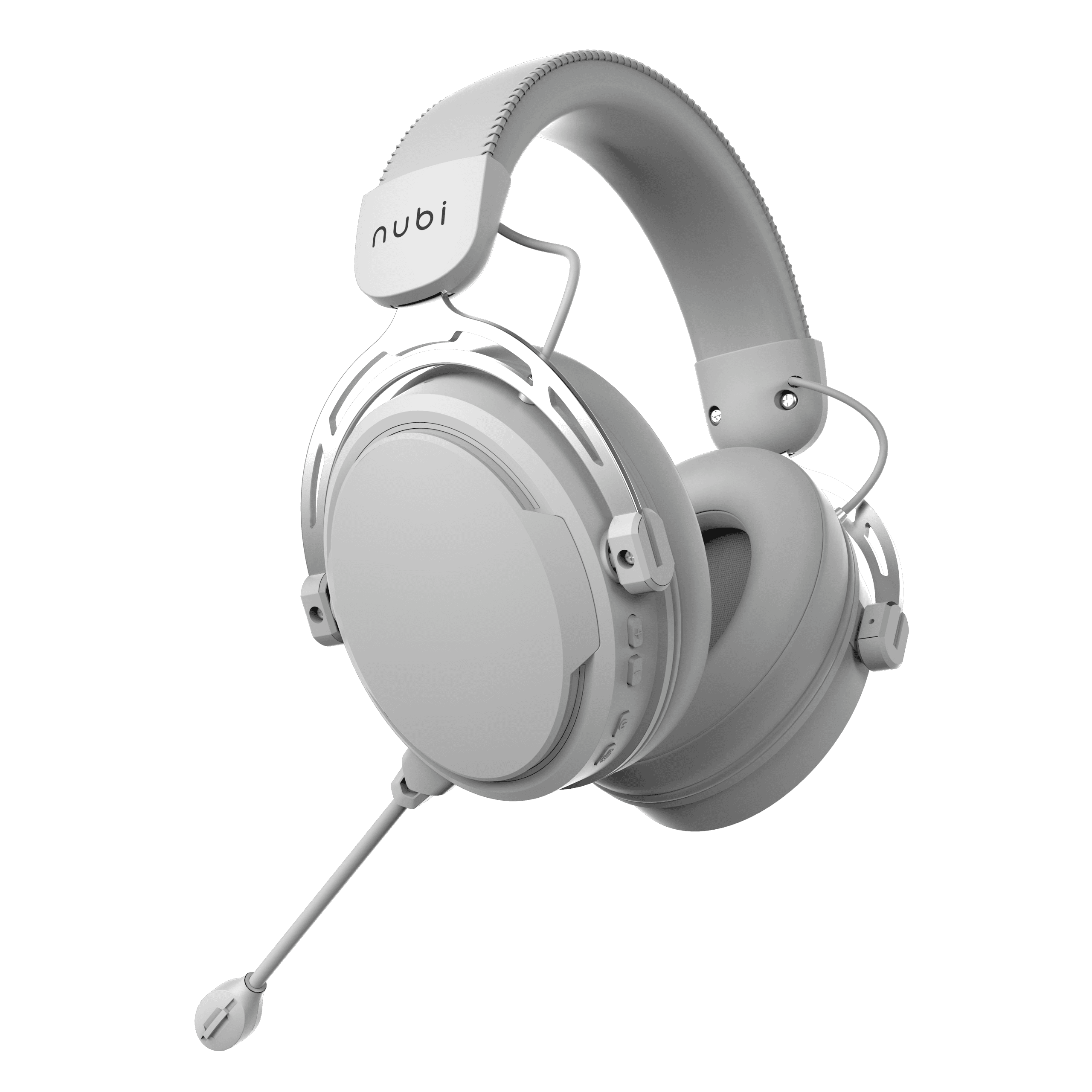 Graues Gaming-Headset mit Mikrofon. Der Hintergrund ist schwarz. Der Markenname 'nubi' ist sichtbar.