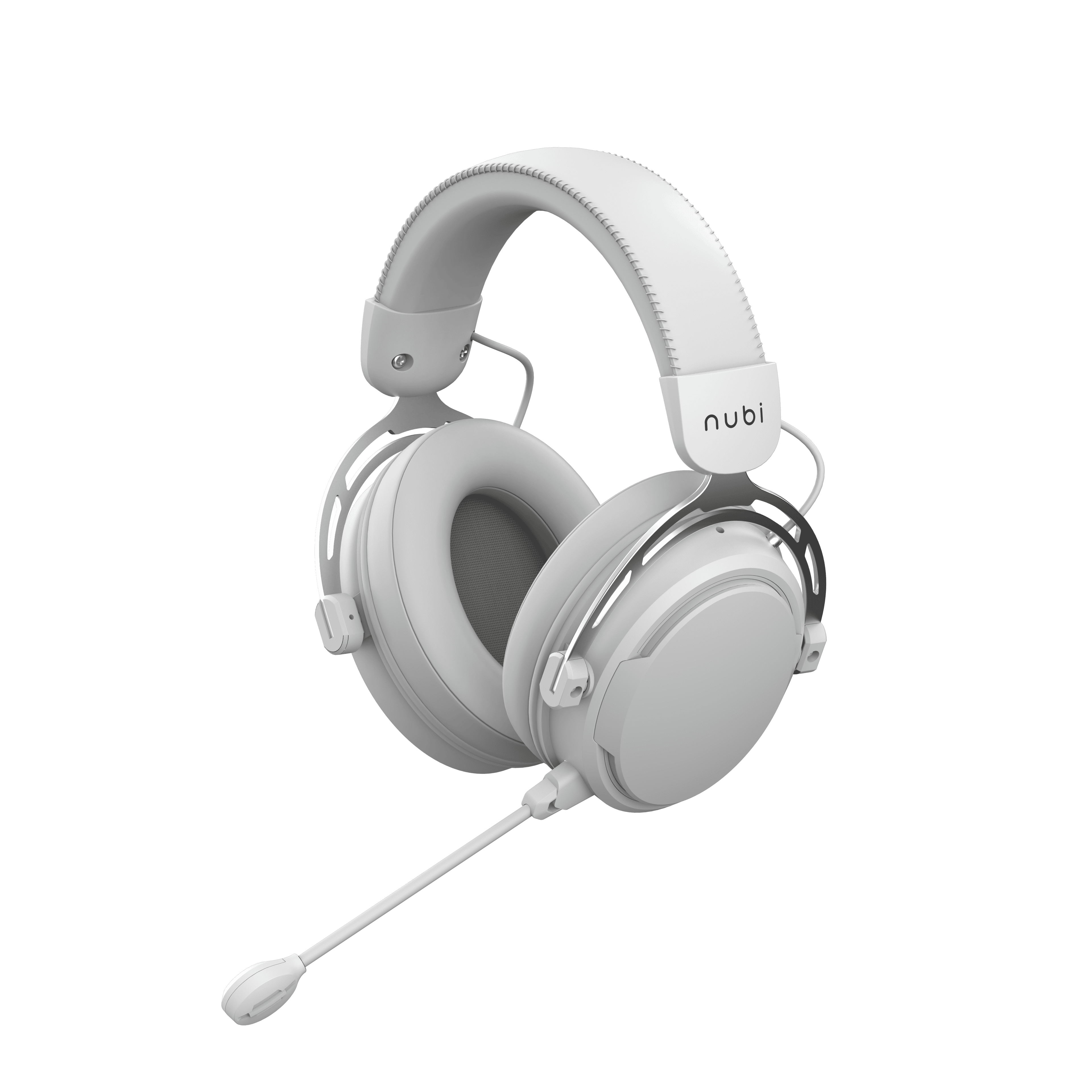 Weißes Gaming-Headset mit Mikrofon. Das Wort 'nubi' ist sichtbar. Der Hintergrund ist schwarz.