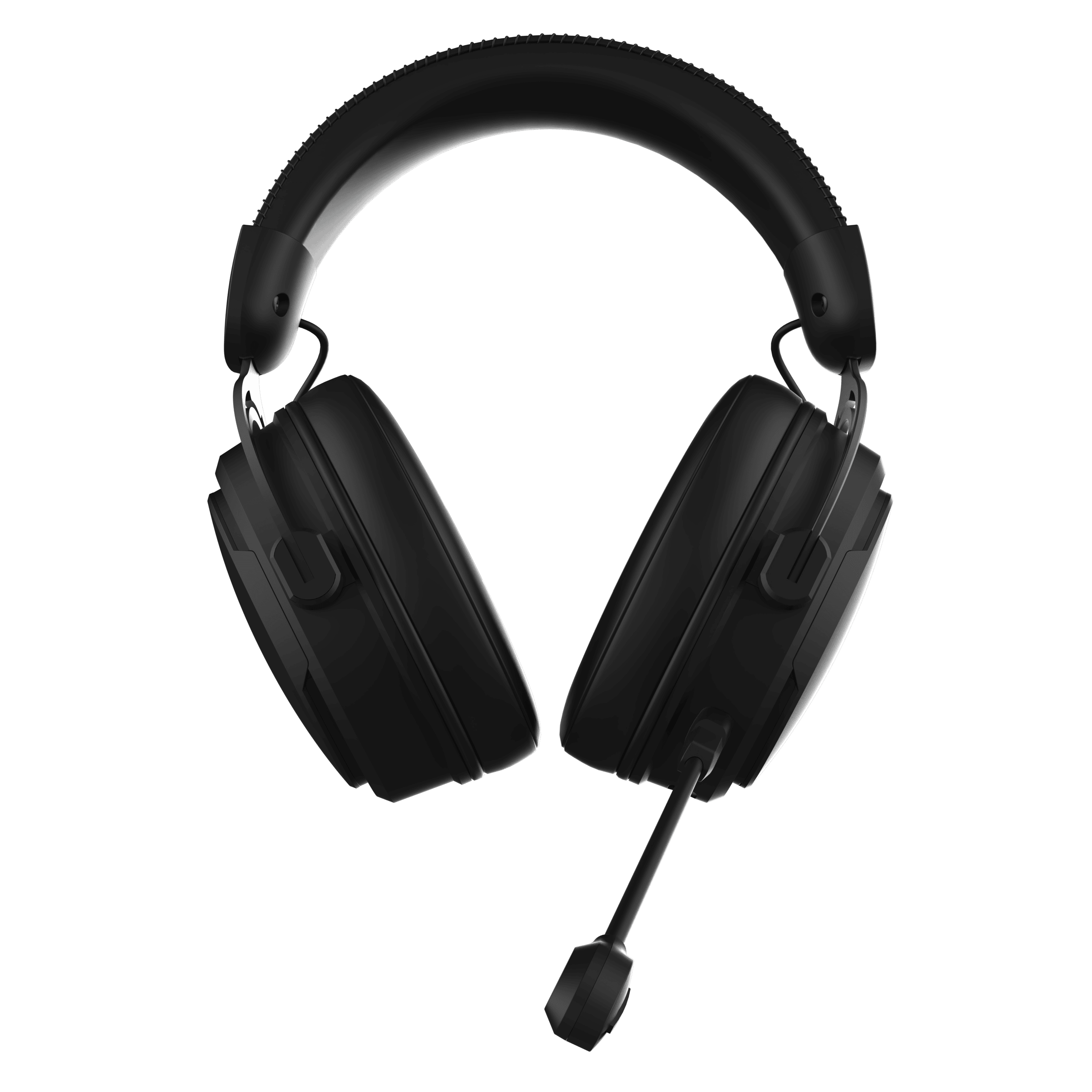 Schwarzes Gaming-Headset mit Mikrofon, angewinkelt. Der Hintergrund ist tiefschwarz.