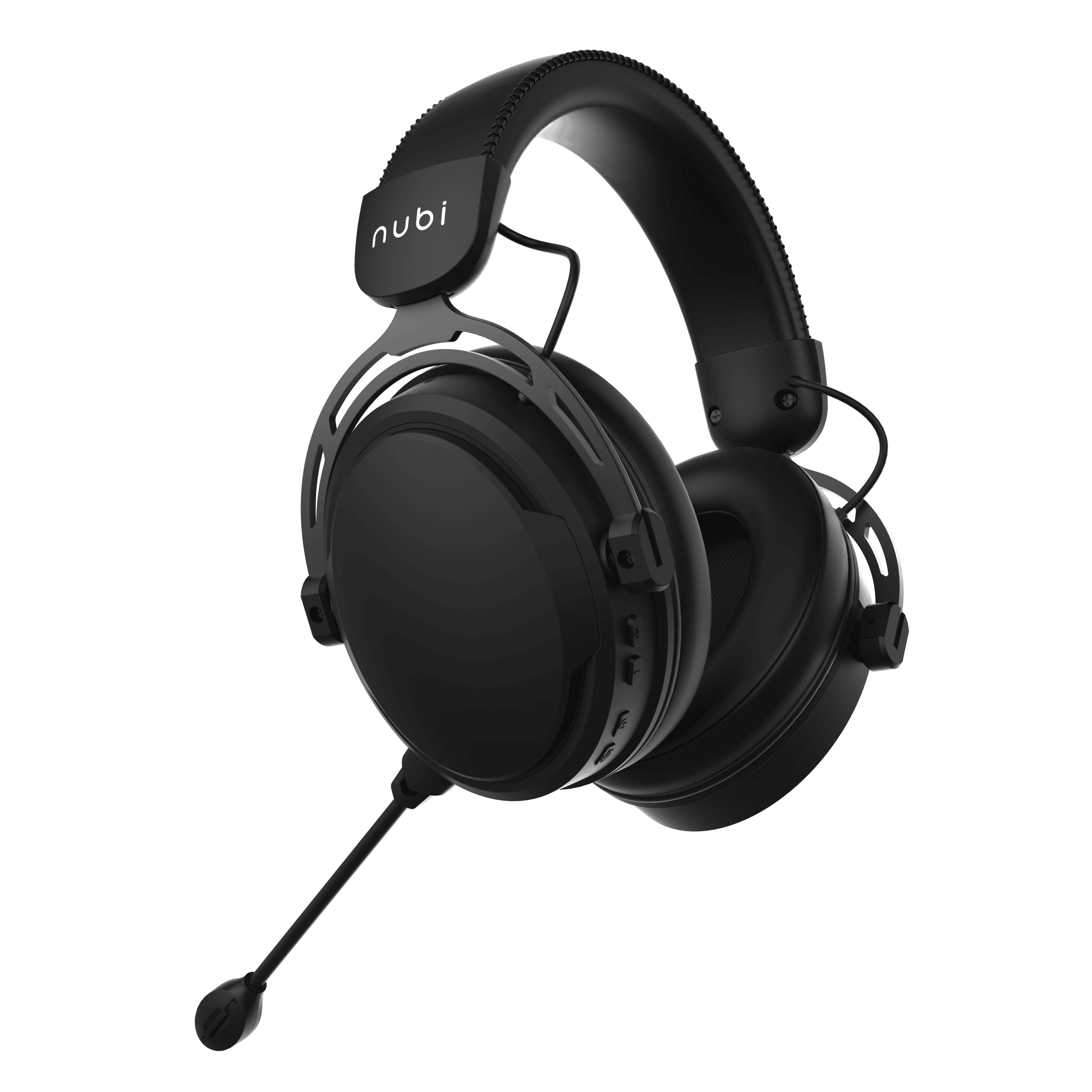 Schwarzes Headset mit Mikrofon. Das Wort 'nubi' steht auf dem Stirnband. Der Hintergrund ist schwarz.