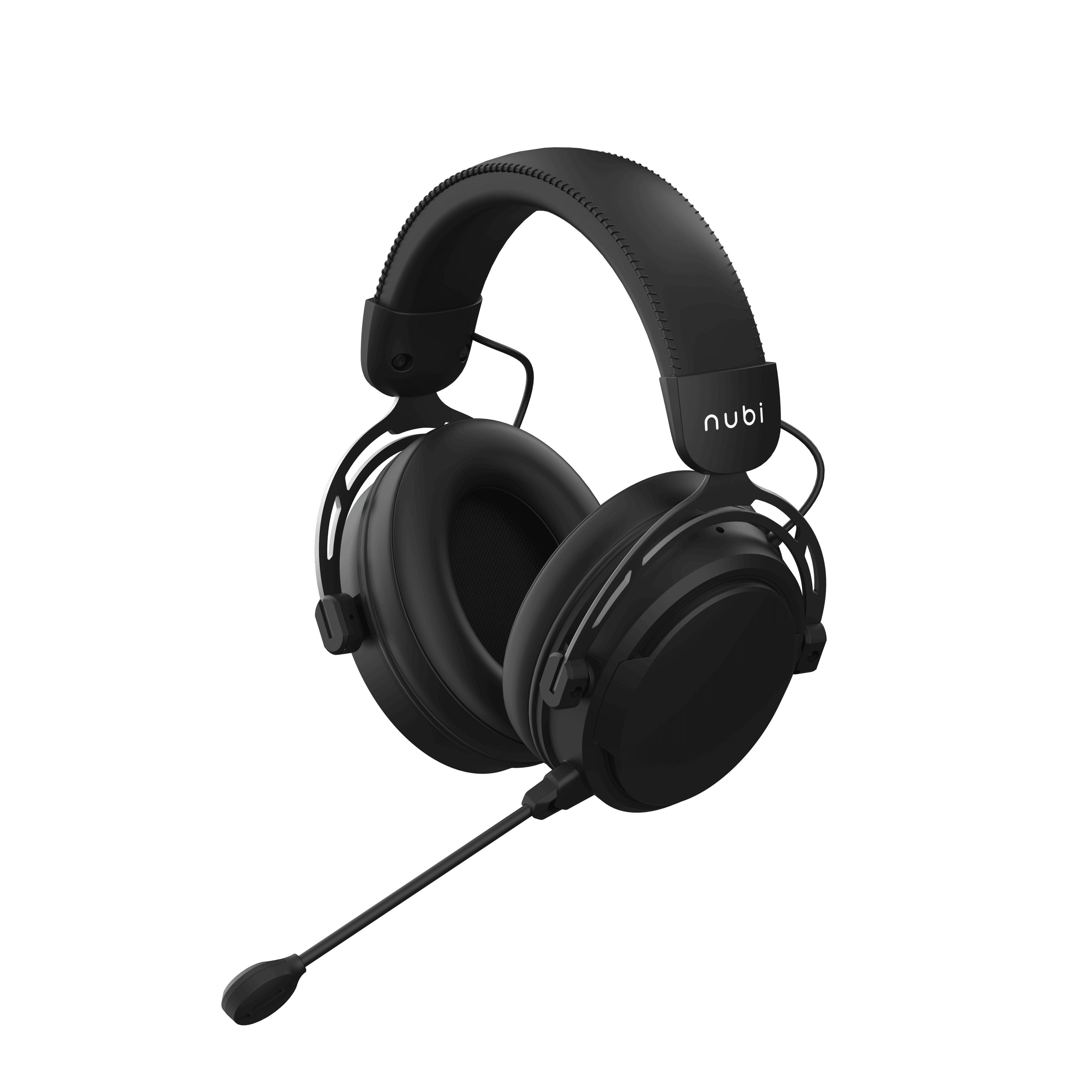Schwarzes Gaming-Headset mit Mikrofon. Der Markenname 'nubi' ist auf der Ohrmuschel sichtbar. Der Hintergrund ist schwarz.