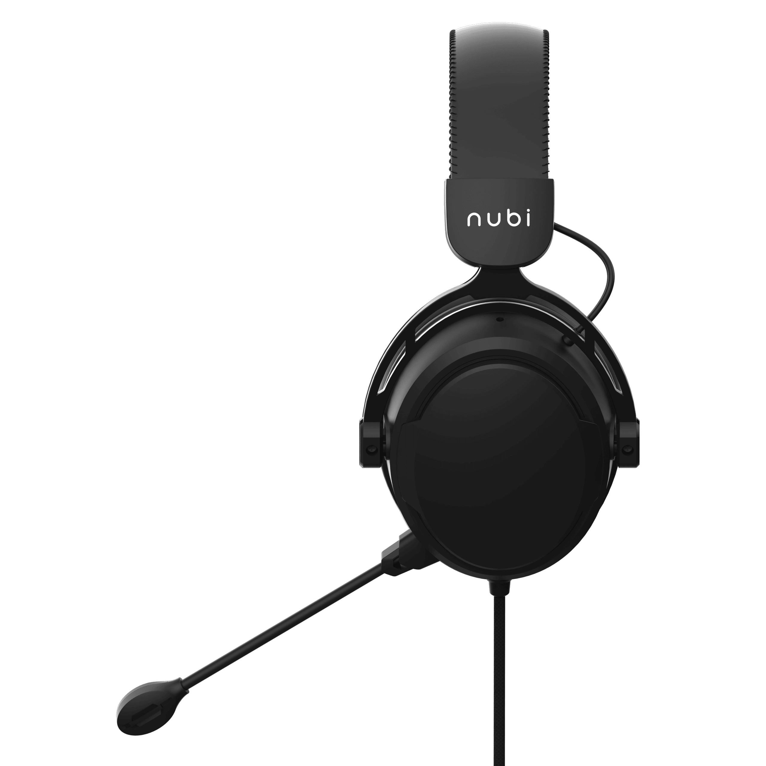 Schwarzes Headset mit Mikrofon. 'Nubi'-Logo auf dem Kopfband. Schwarzer Hintergrund.