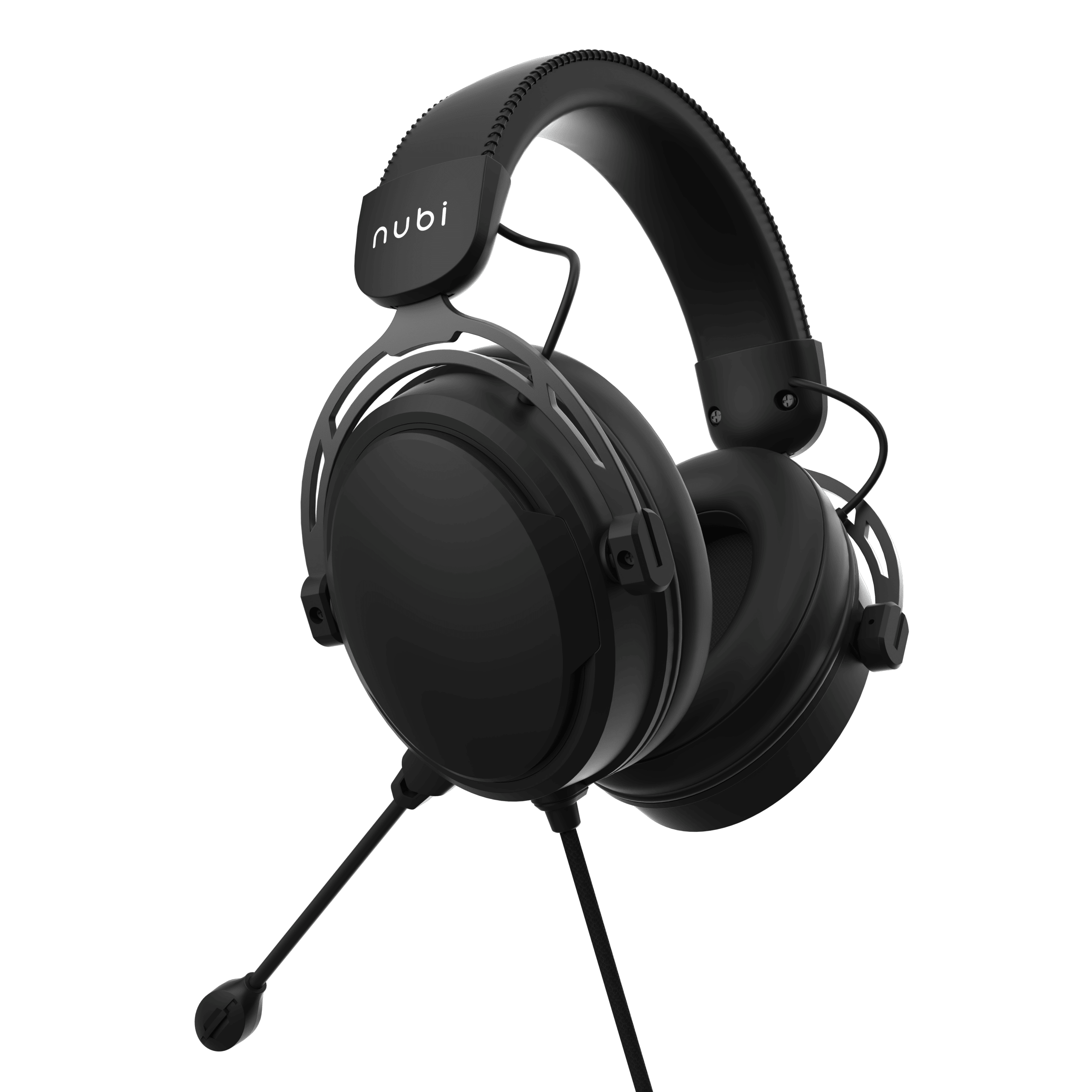 Schwarzes Gaming-Headset mit Mikrofon. Der Markenname 'nubi' ist sichtbar. Der Hintergrund ist komplett schwarz.