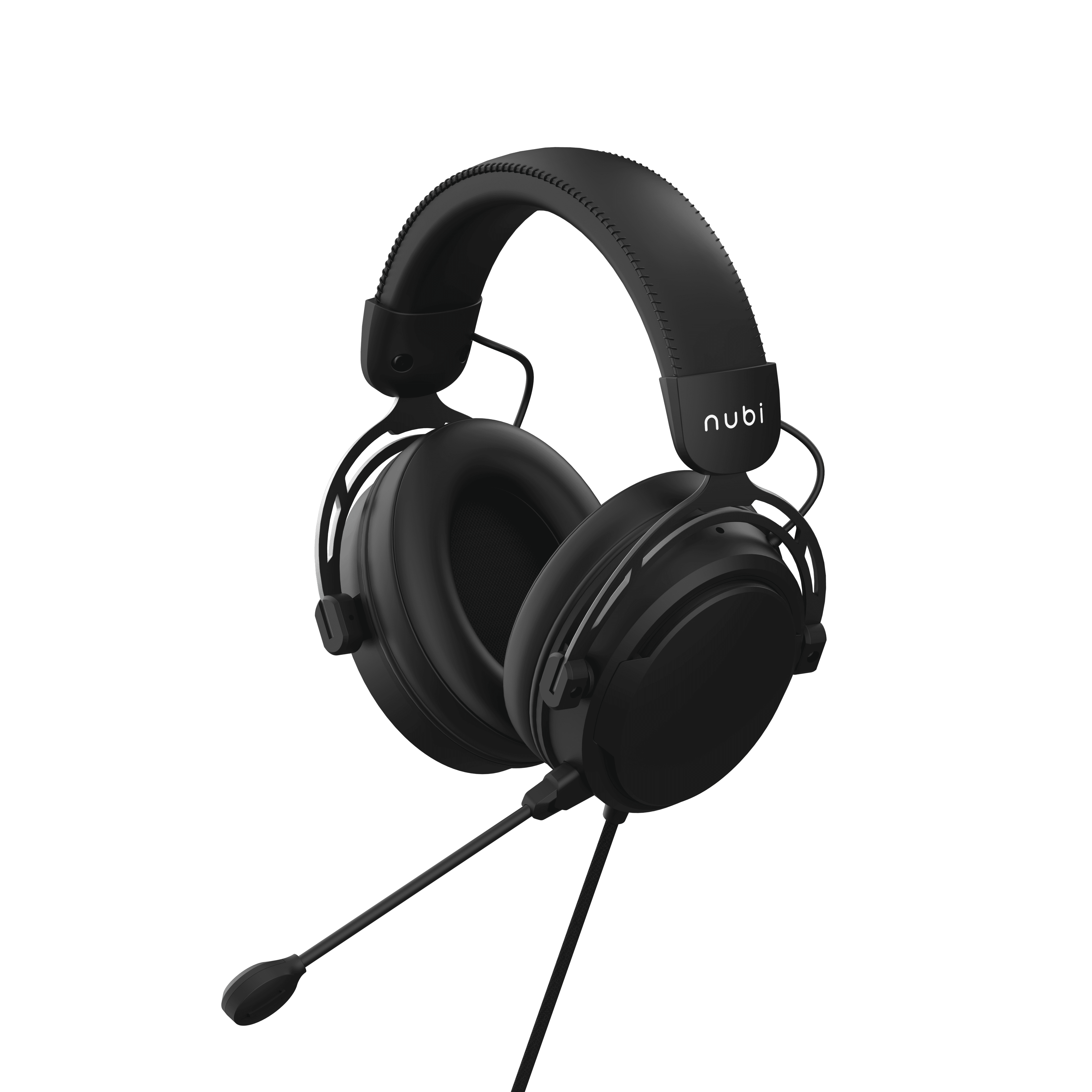 Schwarzes Gaming-Headset mit Mikrofon, vor schwarzem Hintergrund. Der Markenname 'nubi' ist sichtbar.