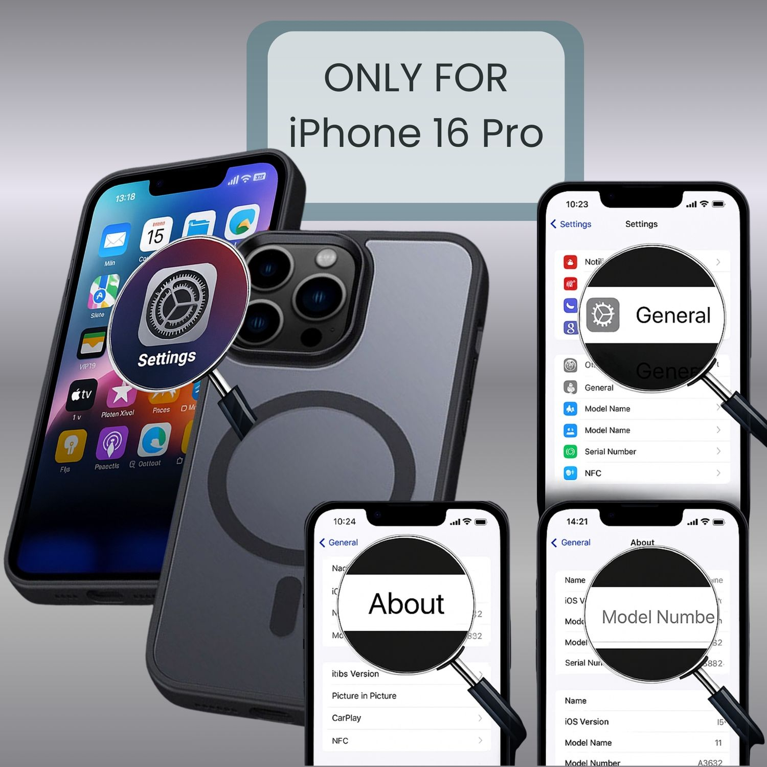 Das Bild zeigt iPhone-Bildschirme mit vergrößerten Einstellungen, Allgemein und Info-Optionen. Text lautet: 'NUR FÜR iPhone 16 Pro'.