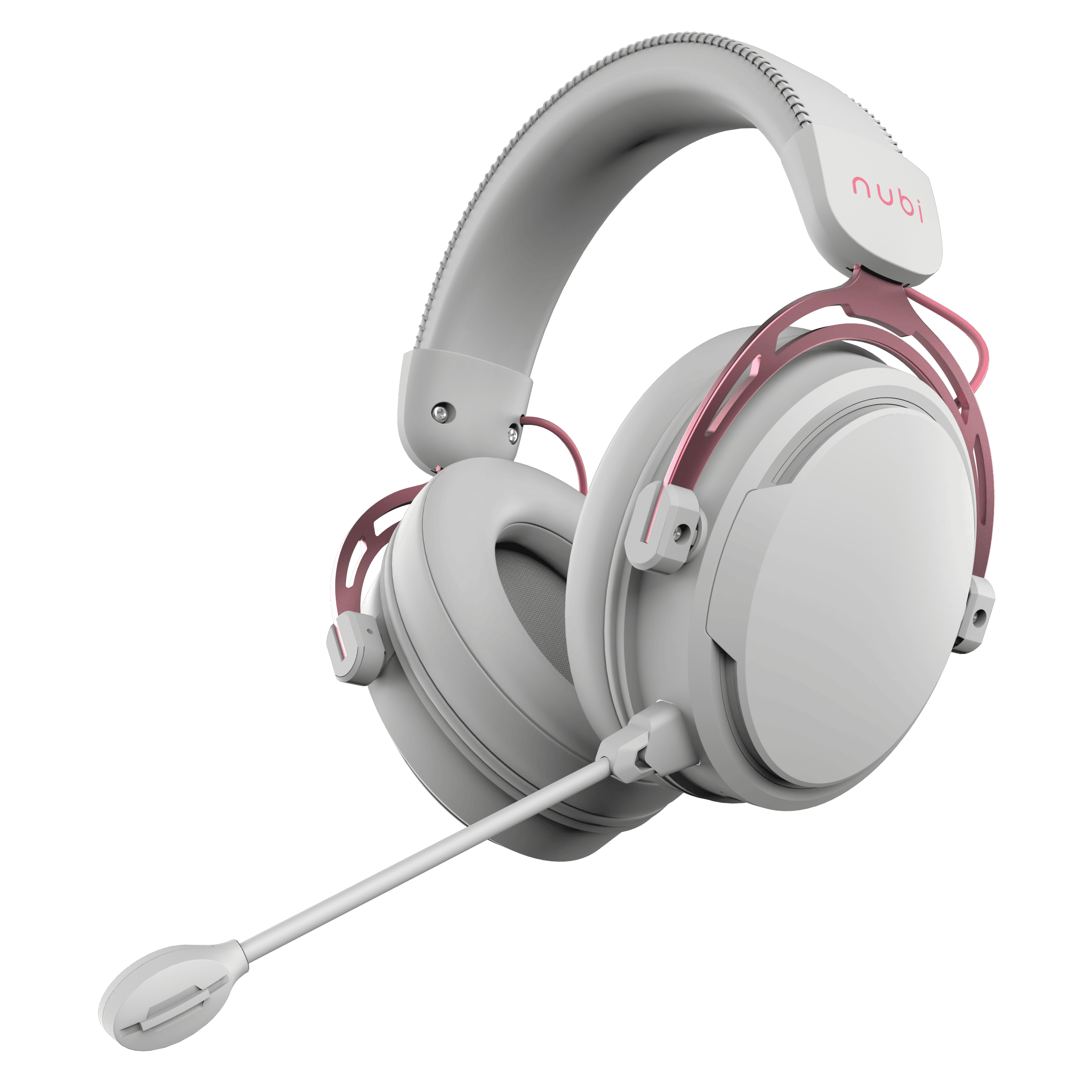 Cuffie da gioco bianche e rosa, con microfono, su sfondo nero. Il nome del marchio è visibile.