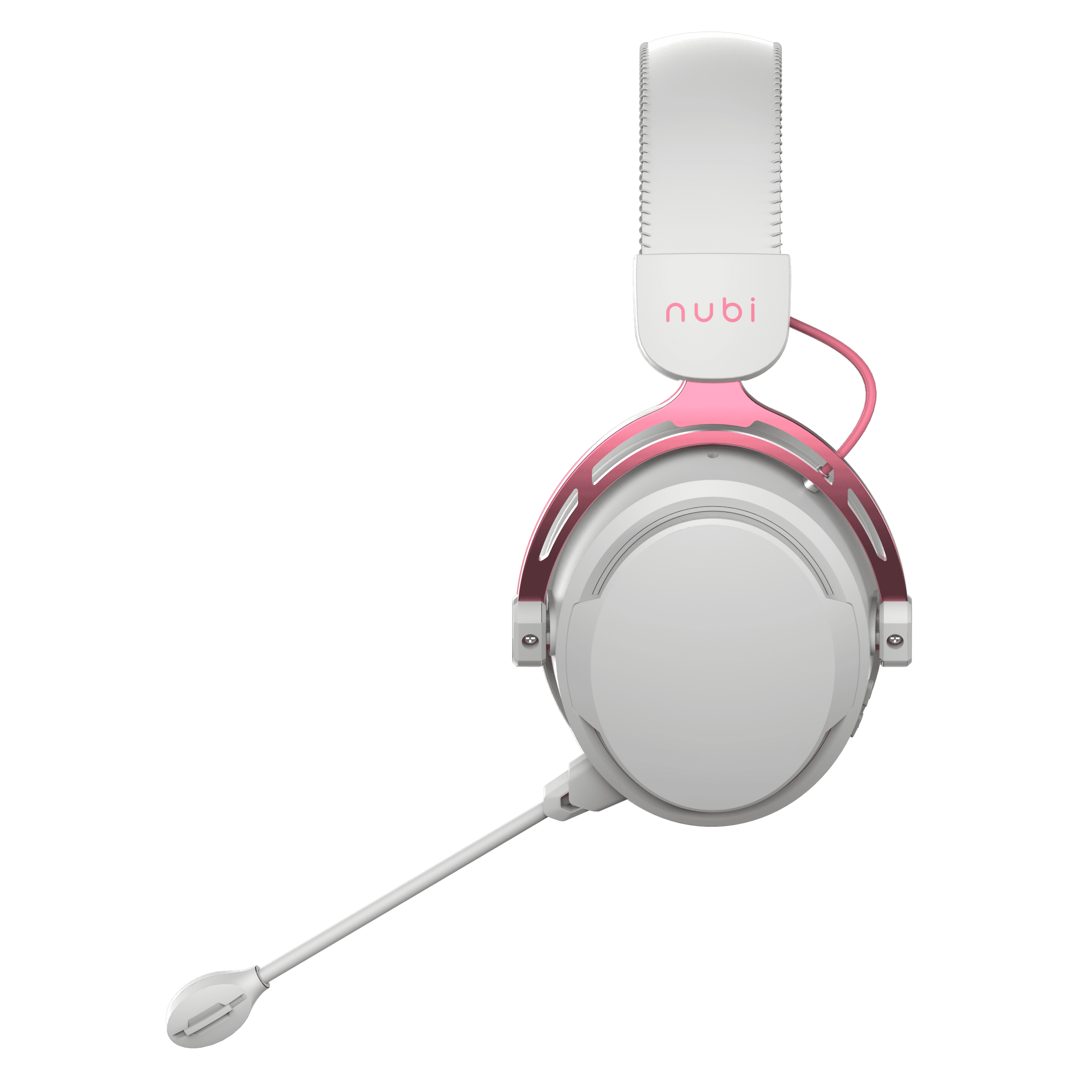 Cuffie bianche e rosa. Padiglioni bianchi con dettagli rosa. Lungo microfono bianco. Sfondo nero.