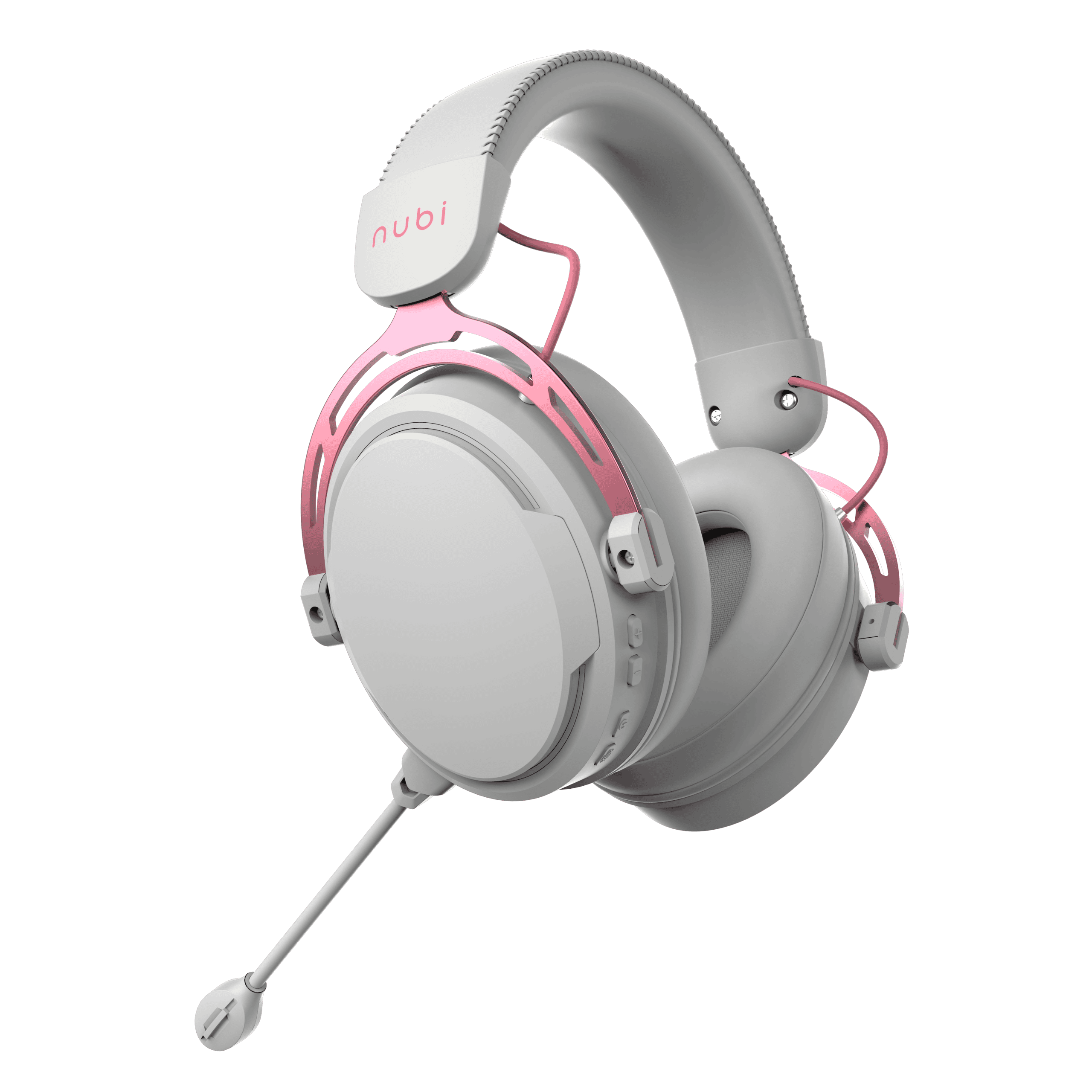 Una cuffia da gioco bianca e rosa. Lo sfondo è nero. La cuffia ha un microfono.