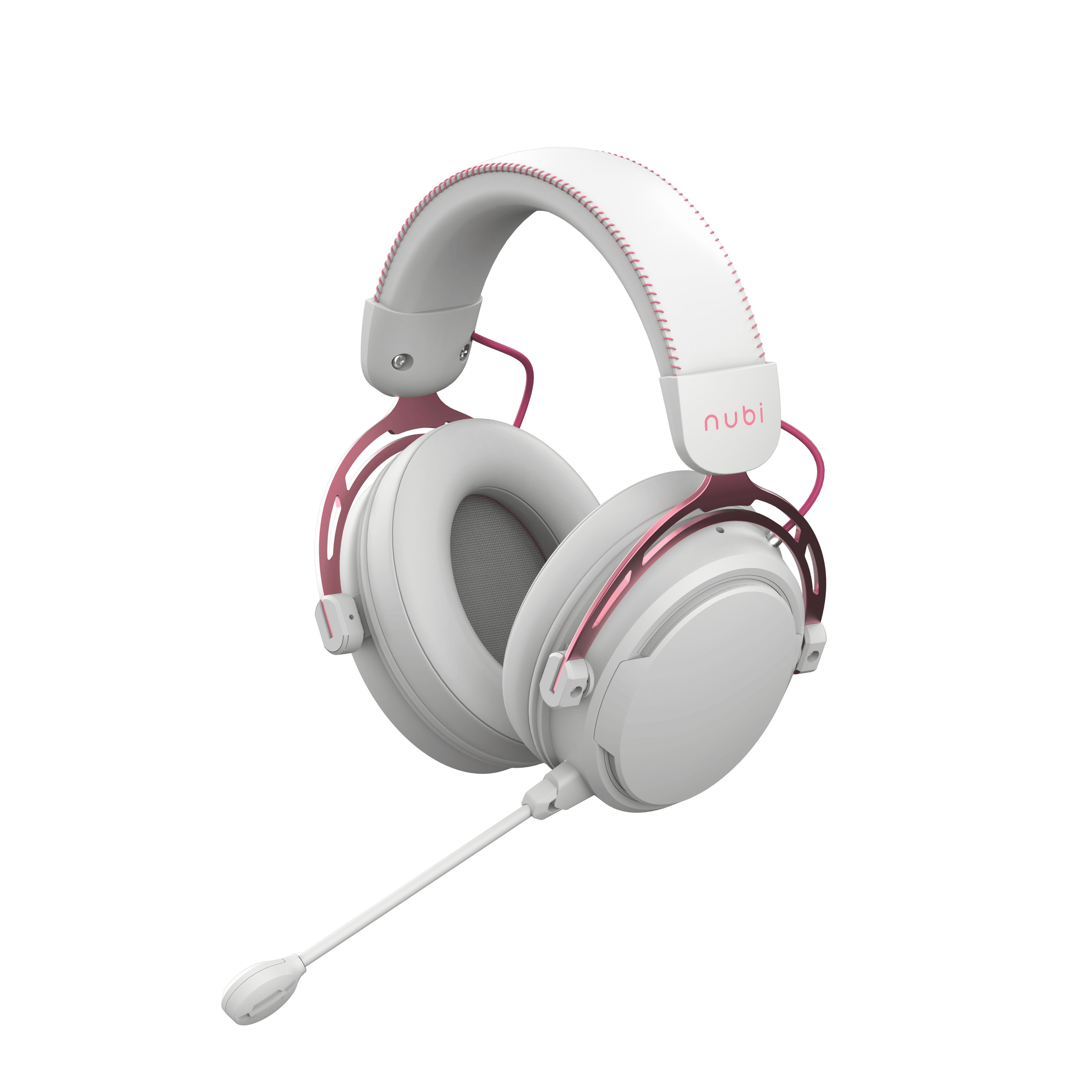 Cuffie da gioco bianche e rosa con microfono su sfondo nero. Il marchio è visibile.