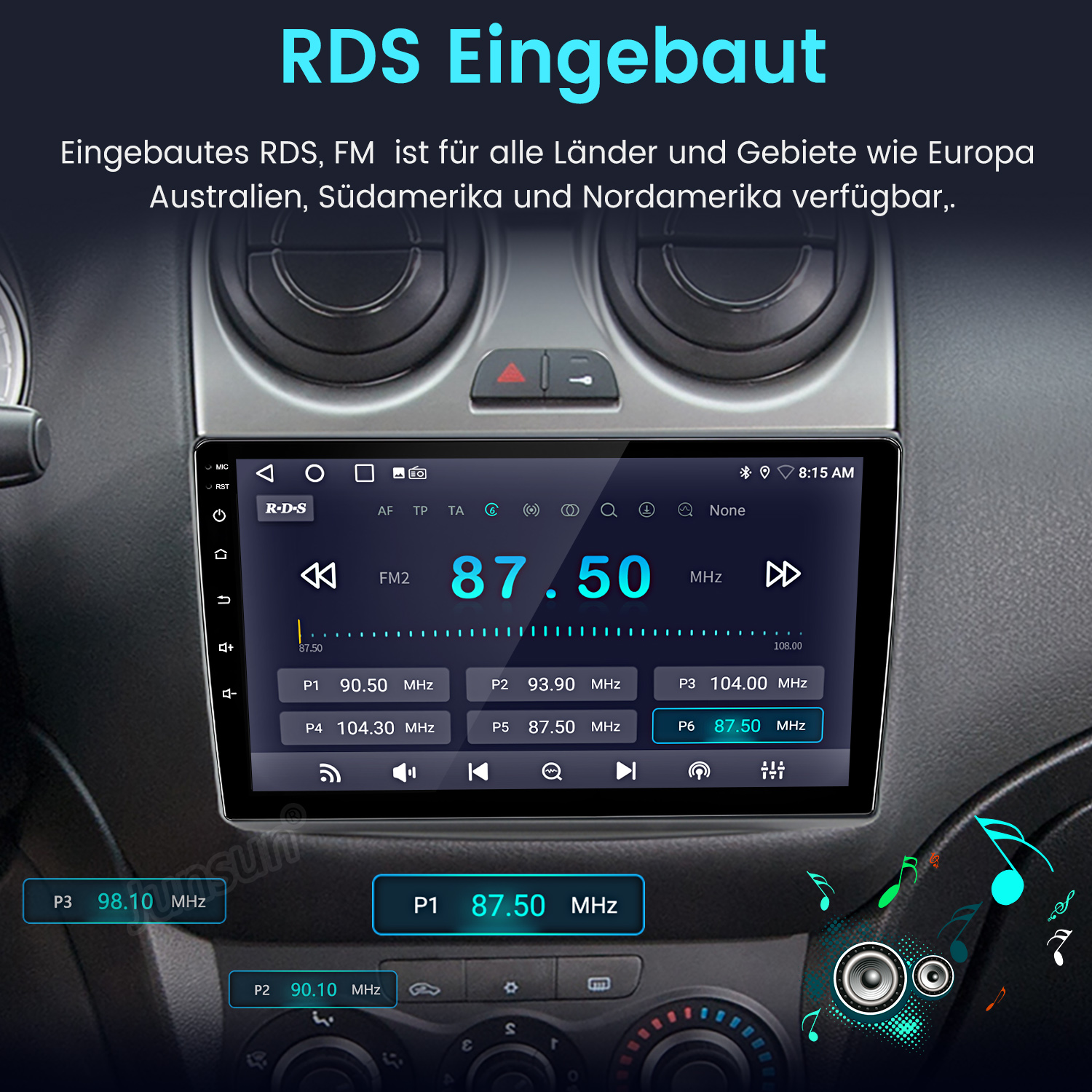 Autoradio-Bildschirm mit FM-Frequenz 87,50 MHz. Text oben: 'RDS Eingebaut'. Tasten und Auto-Innenraum sichtbar.