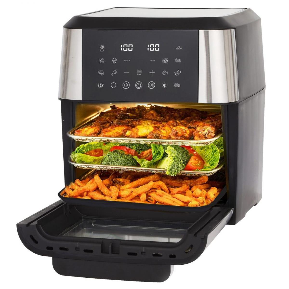 Ein Airfryer mit drei Tabletts mit gekochtem Hähnchen, Gemüse und Pommes. Die Digitalanzeige zeigt die Einstellungen.