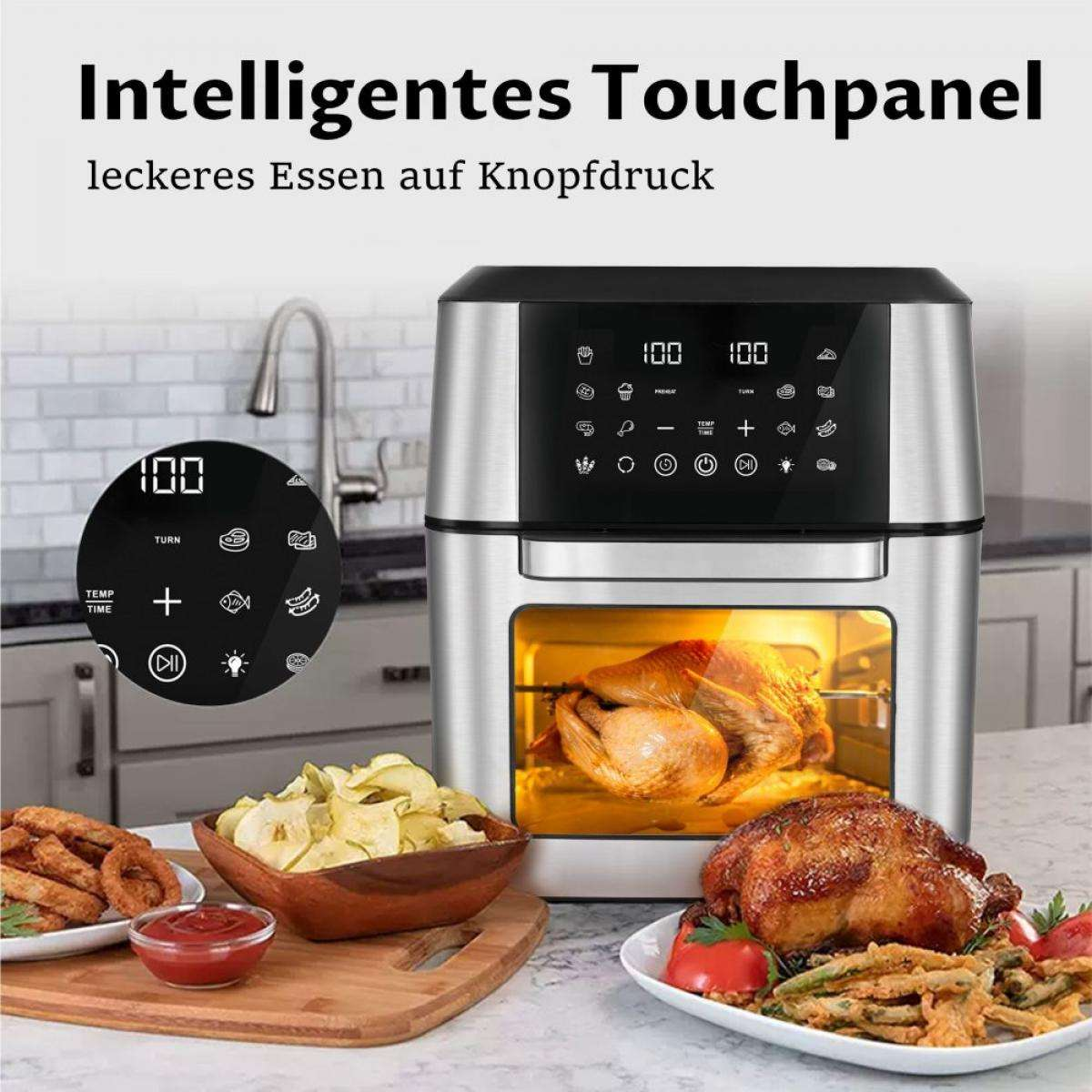 Eine Heißluftfritteuse mit einem darin gegarten Huhn und Beilagen auf dem Tisch. Ein Bedienfeld mit Anzeige und ein Seitenfeld mit Anzeige.
