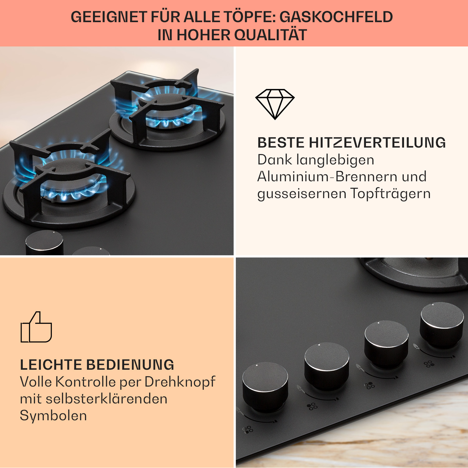 Nahaufnahme eines schwarzen Gasherds mit blauen Flammen, Drehknöpfen und Text, der seine Eigenschaften und Vorteile beschreibt.