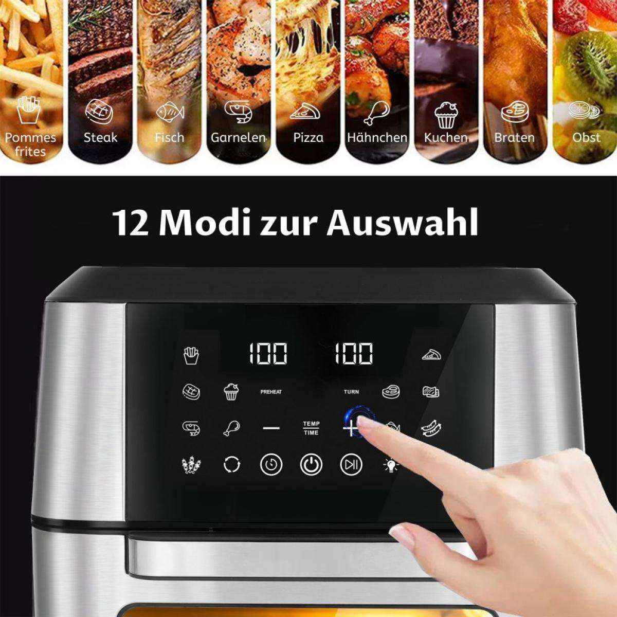 Ein Heißluftfritteuse mit Essensoptionen oben und einem digitalen Display. Eine Hand drückt eine Taste.