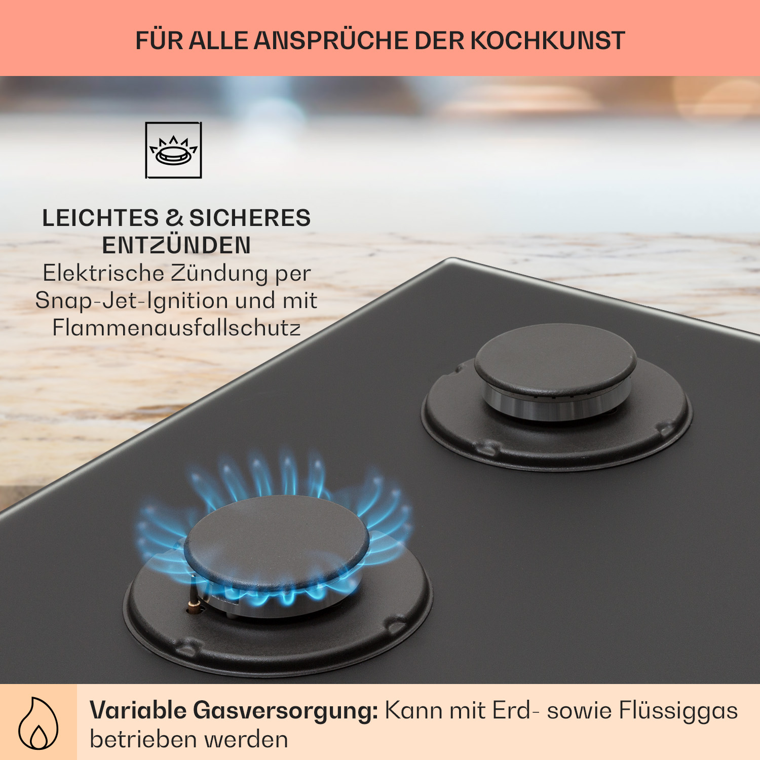 Nahaufnahme eines schwarzen Gasherds mit blauen Flammen. Text beschreibt Funktionen wie elektrische Zündung und variable Gasversorgung.