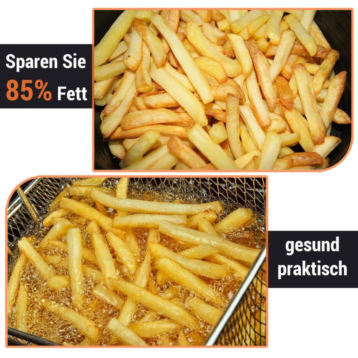 Das Bild zeigt Pommes, einige in einer Schüssel und einige beim Braten. Der Text lautet '85% Fett sparen' und 'gesund praktisch'.
