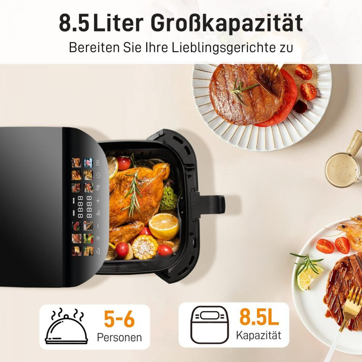 Ein Heißluftfritteuse mit gekochtem Hühnchen, Gemüse und anderen Gerichten. Text: 8,5 L Fassungsvermögen, 5-6 Portionen.