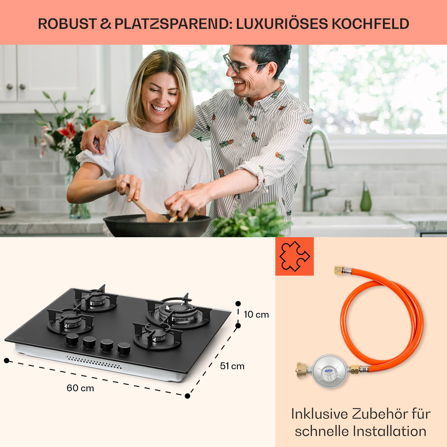Ein Paar kocht, ein schwarzes Kochfeld mit Maßen und ein oranger Gasschlauch mit Regler werden gezeigt.