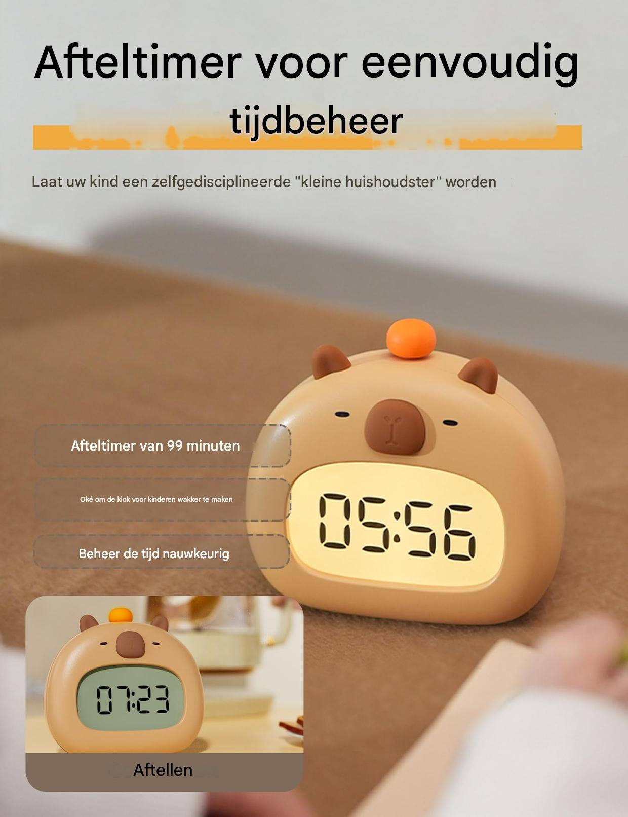 Un timer in stile cartone animato mostra l'ora 05:56. È beige con orecchie marroni, un naso e una parte superiore arancione.