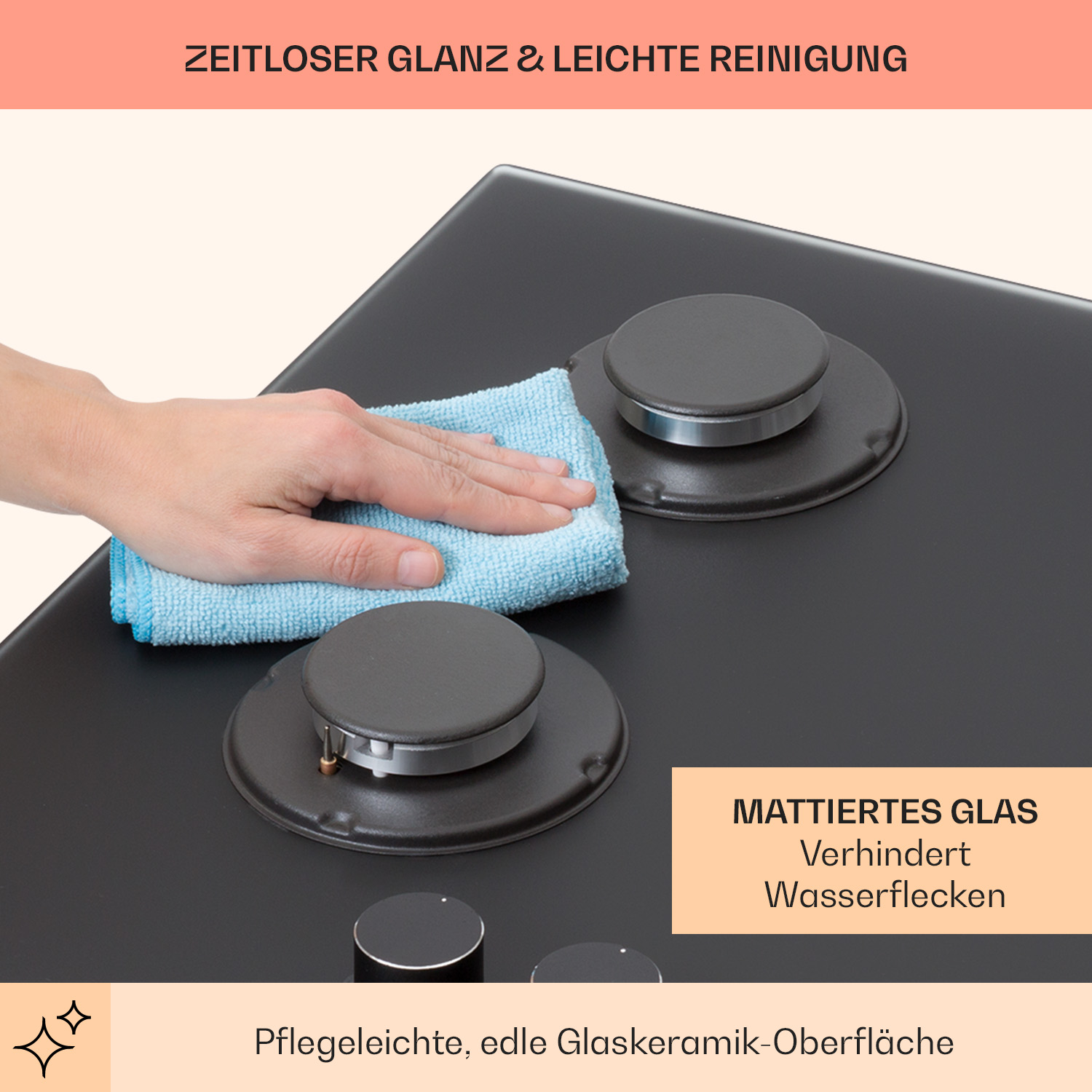 Eine Hand wischt eine schwarze Kochfeld mit einem blauen Tuch ab. Zwei Brenner und Bedienknöpfe sind sichtbar. Text beschreibt die Oberfläche.